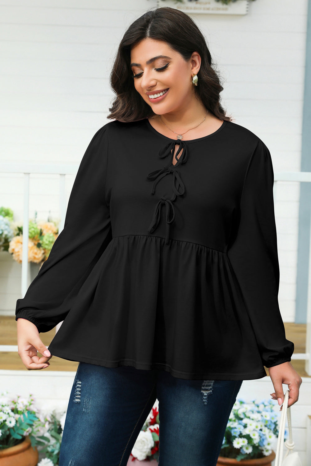 Solid Color Bow Tie Front Long Sleeve Plus Size Peplum Blouse – Black