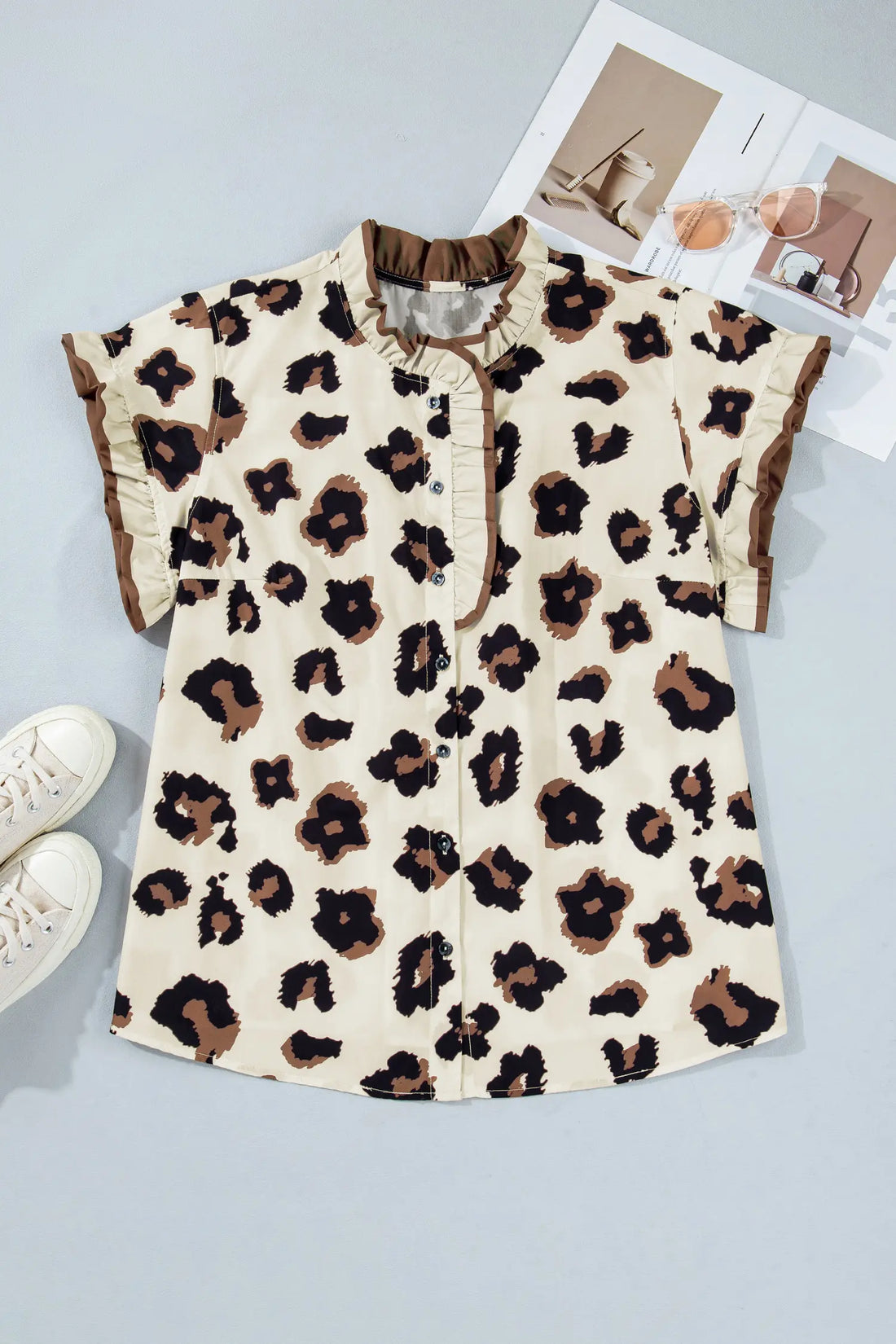 Plus Size Leopard Print Frilled Colour Block Trim Button Down Short Sleeve Blouse – Khaki