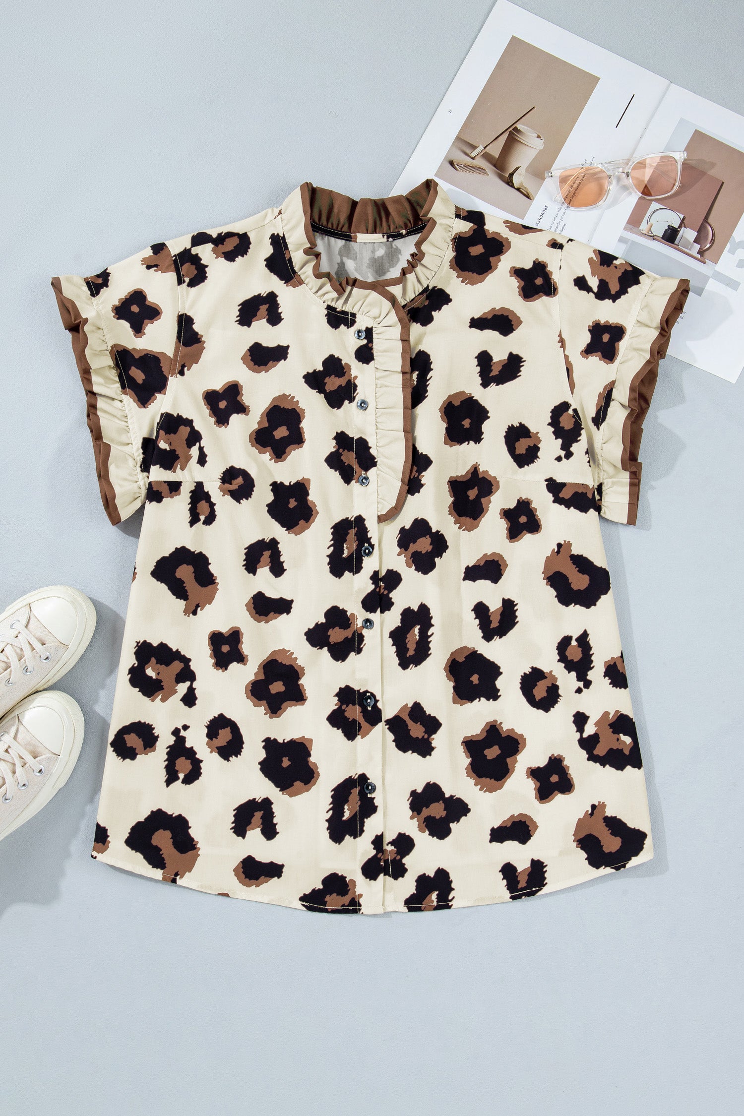 Plus Size Leopard Print Frilled Color Block Trim Button Down Short Sleeve Blouse – Khaki