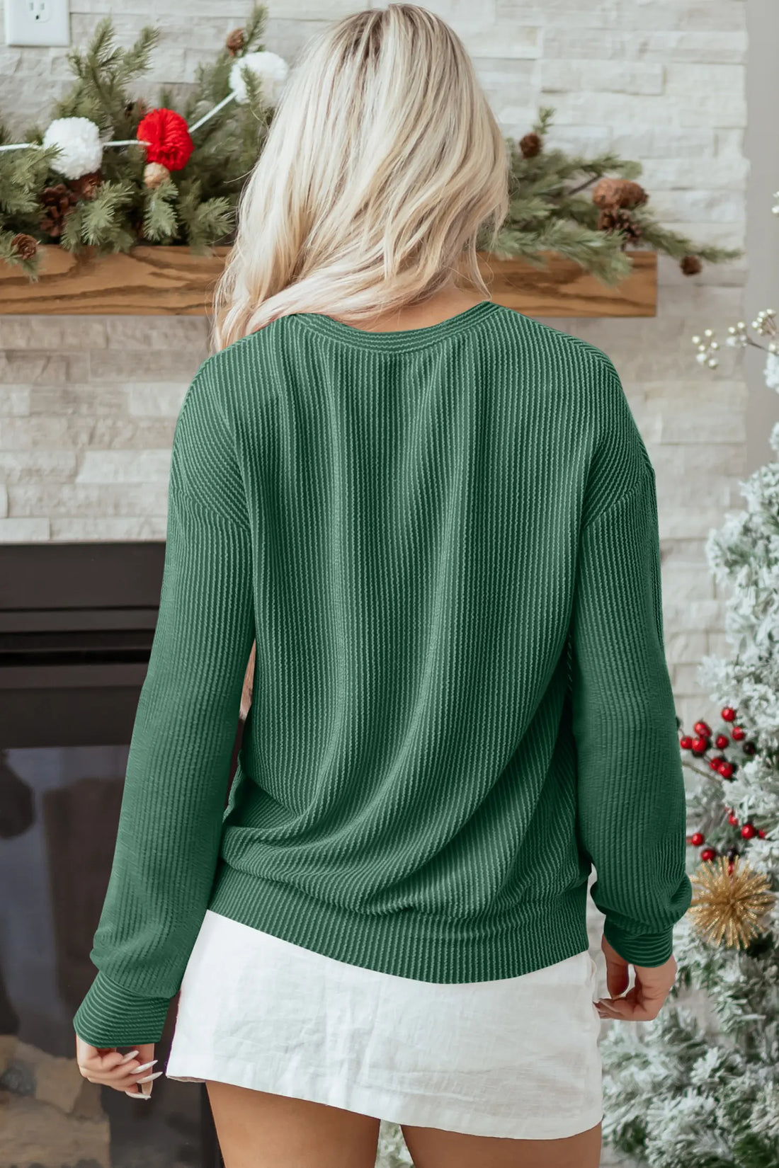 Twisted Rib Outlined Merry Letter Graphic Loose Long Sleeve Top