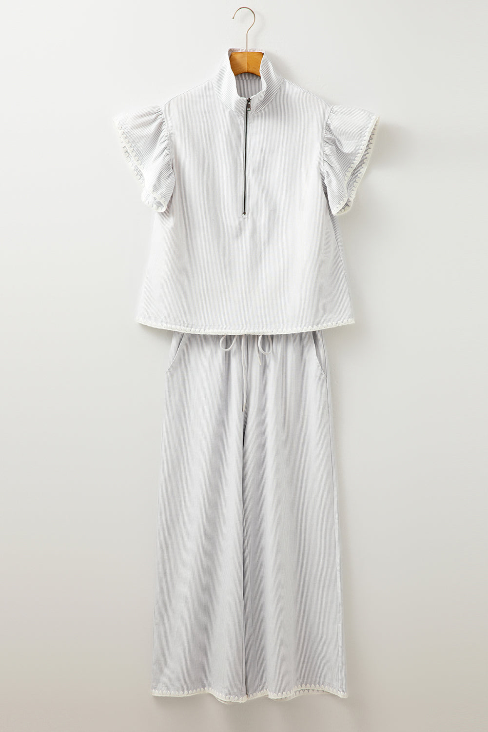 Stripe Zip up Collar Ruffled Sleeve Tee and Wide Leg Trousers Co-ord eAura