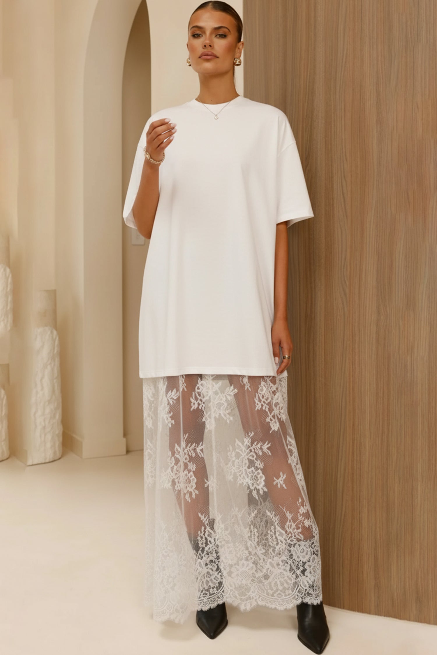 White Floral Patchwork Short Sleeve T-Shirt Loose Lace Maxi Dress
