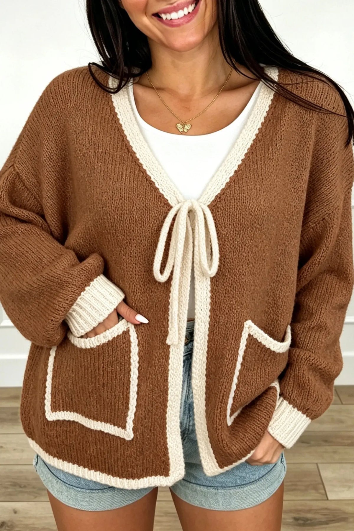 Cardigan Contrast Trim V-Neck Tie Front Loose Sweater