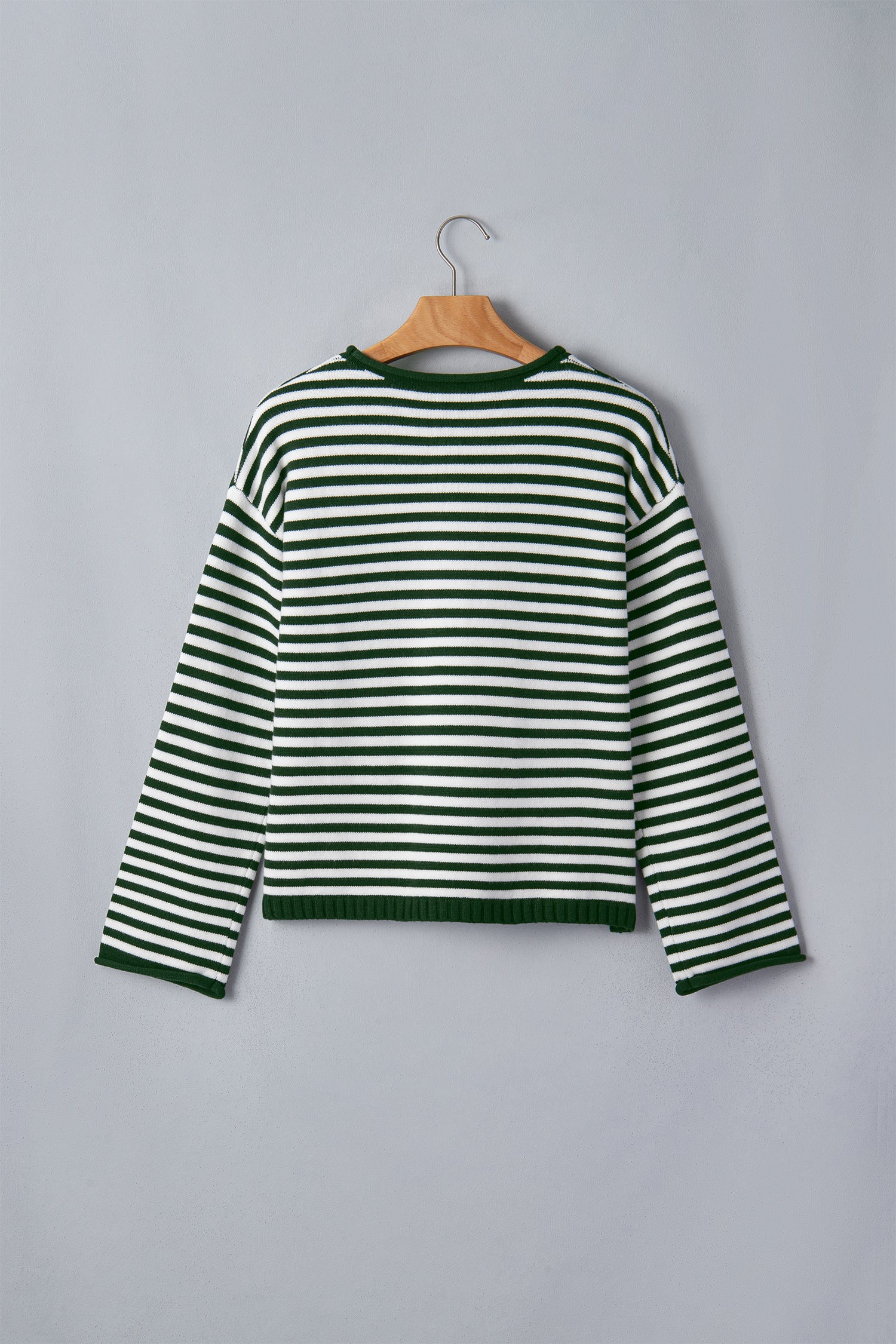 Striped Button Placket Drop Shoulder Long Sleeve Sweater – Pink Stripe
