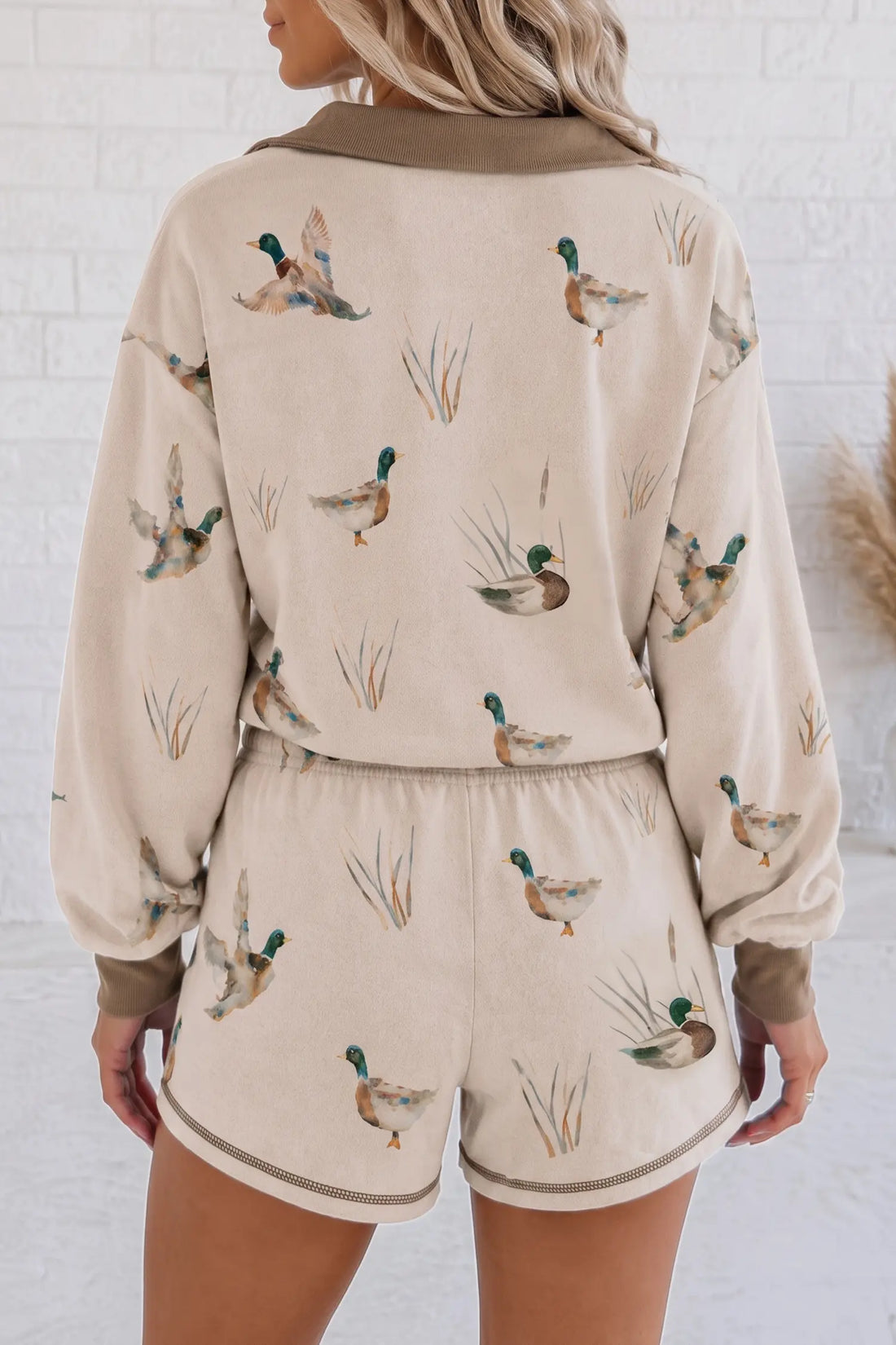 Mallard Print Colour Block Patchwork Zip Pullover and Shorts Set