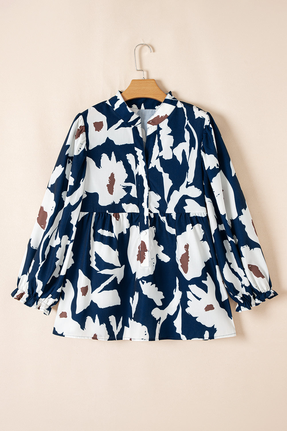 Sail Blue Abstract Floral Print Puff Sleeve Half Button Blouse eAura
