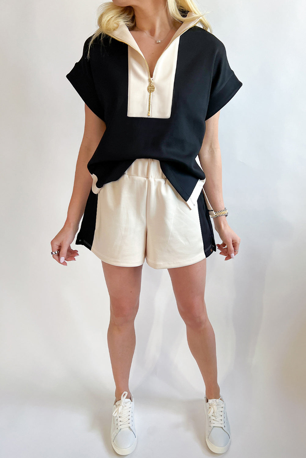 Black Contrast Zipped Collared T Shirt and Short Co-ord Set eAura