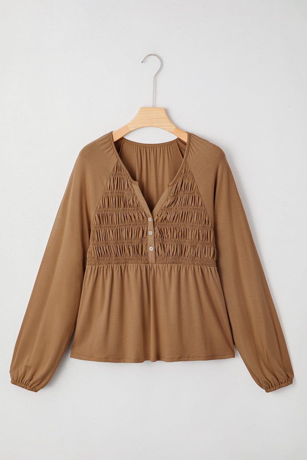 Smocked Bust Buttoned Split V Neck Flow Fit Blouse - eAura