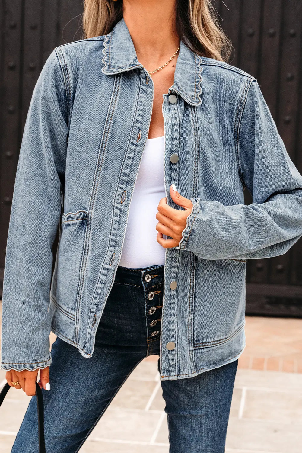 Blue Scallop Trim Collar Patched Pocket Button Up Mineral Washed Denim Jacket