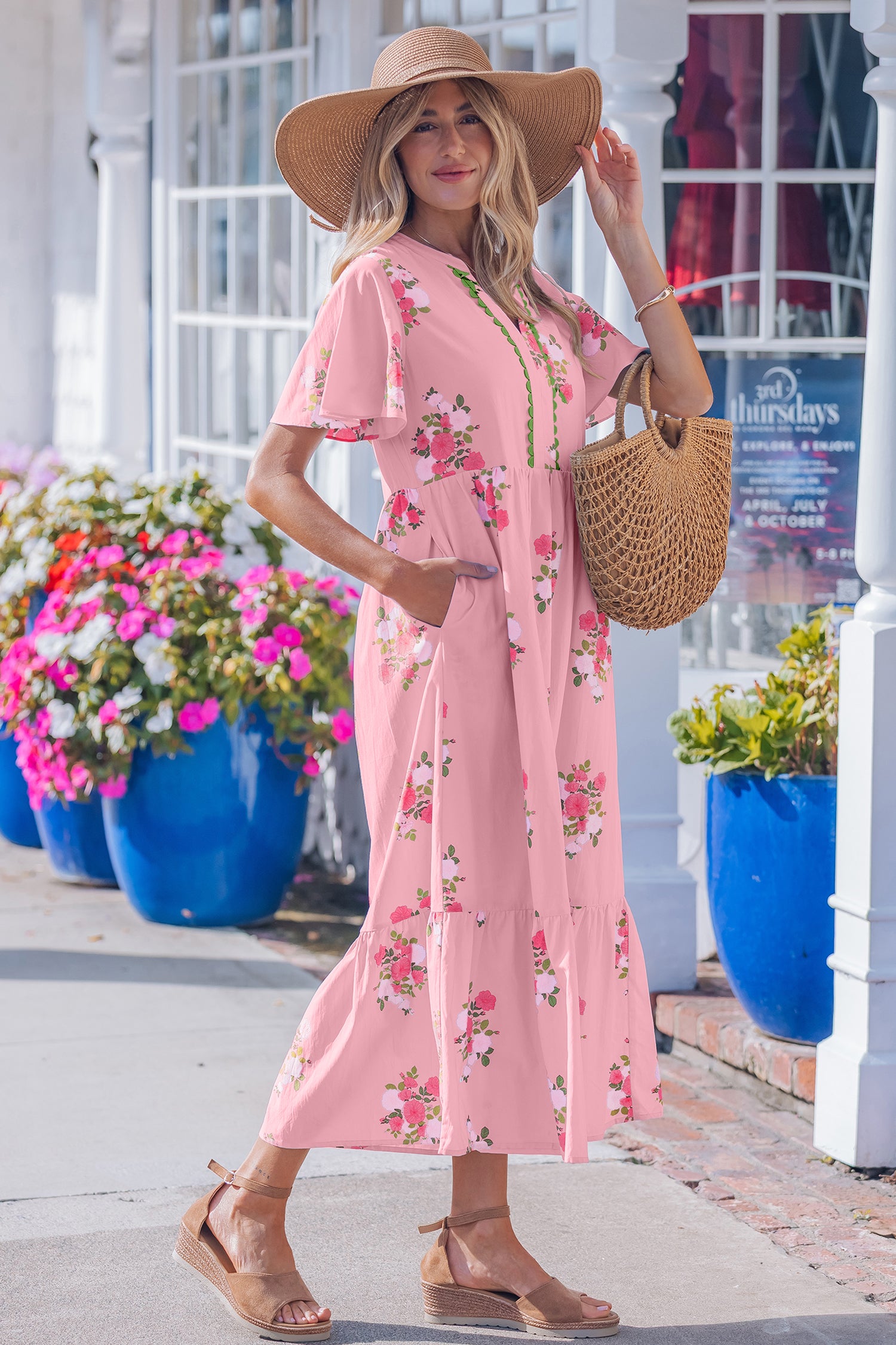 Floral Print Flutter Sleeve Maxi Dress