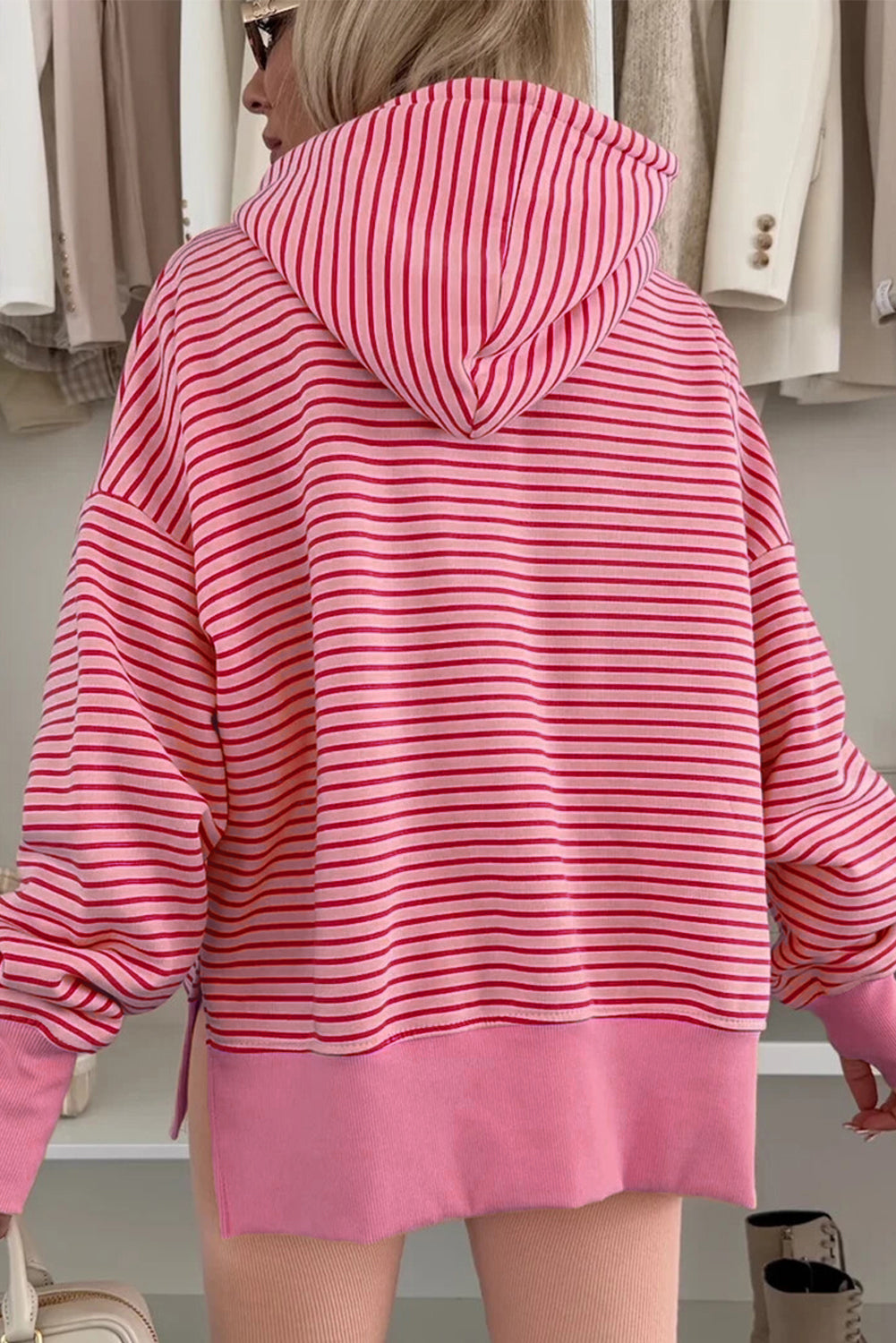 Stripe Thumbhole Side Slits Drop Shoulder Loose Fit Hoodie - eAura