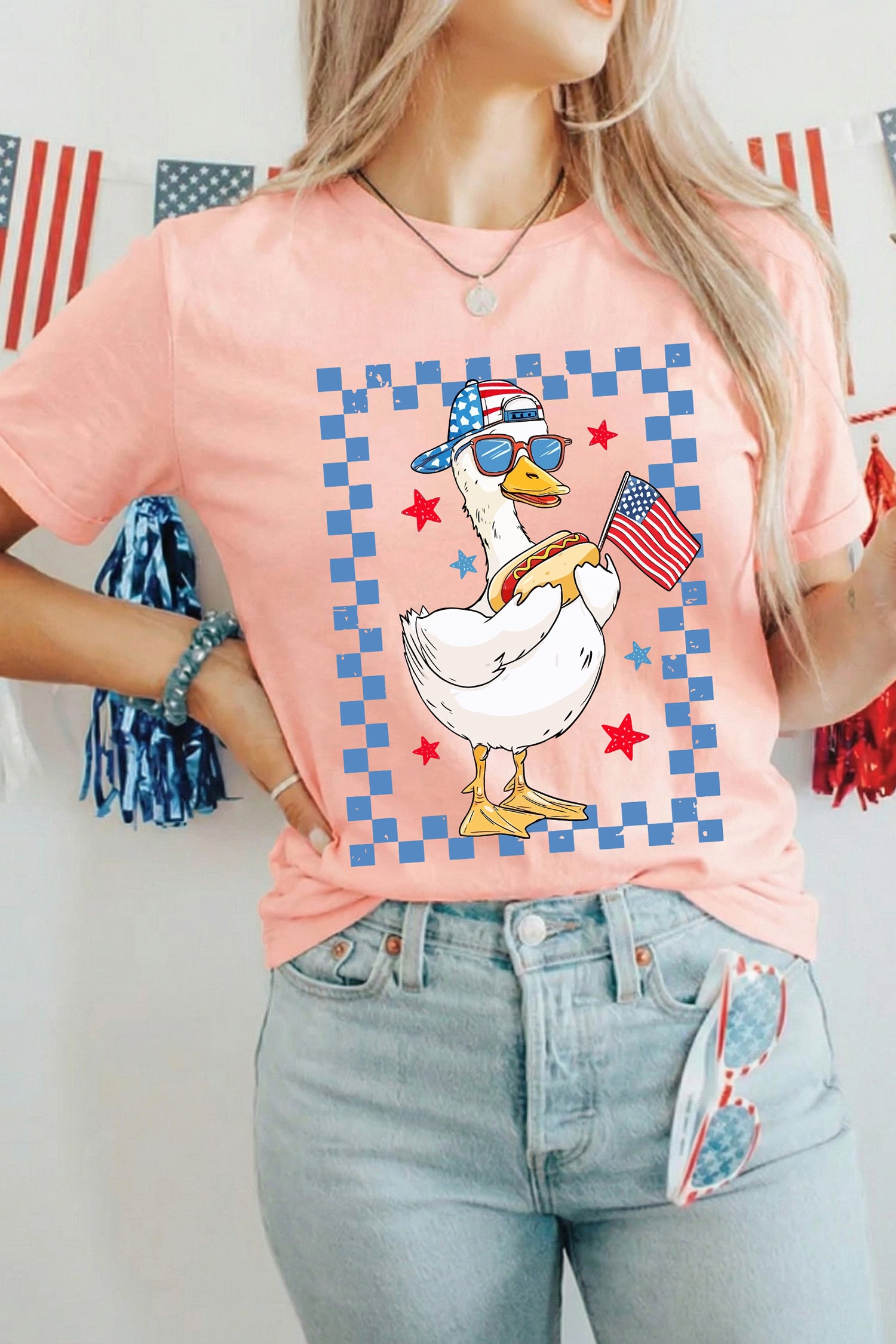 America Goose 4th Of July Patriotic Flag Graphic T Shirt – Pink