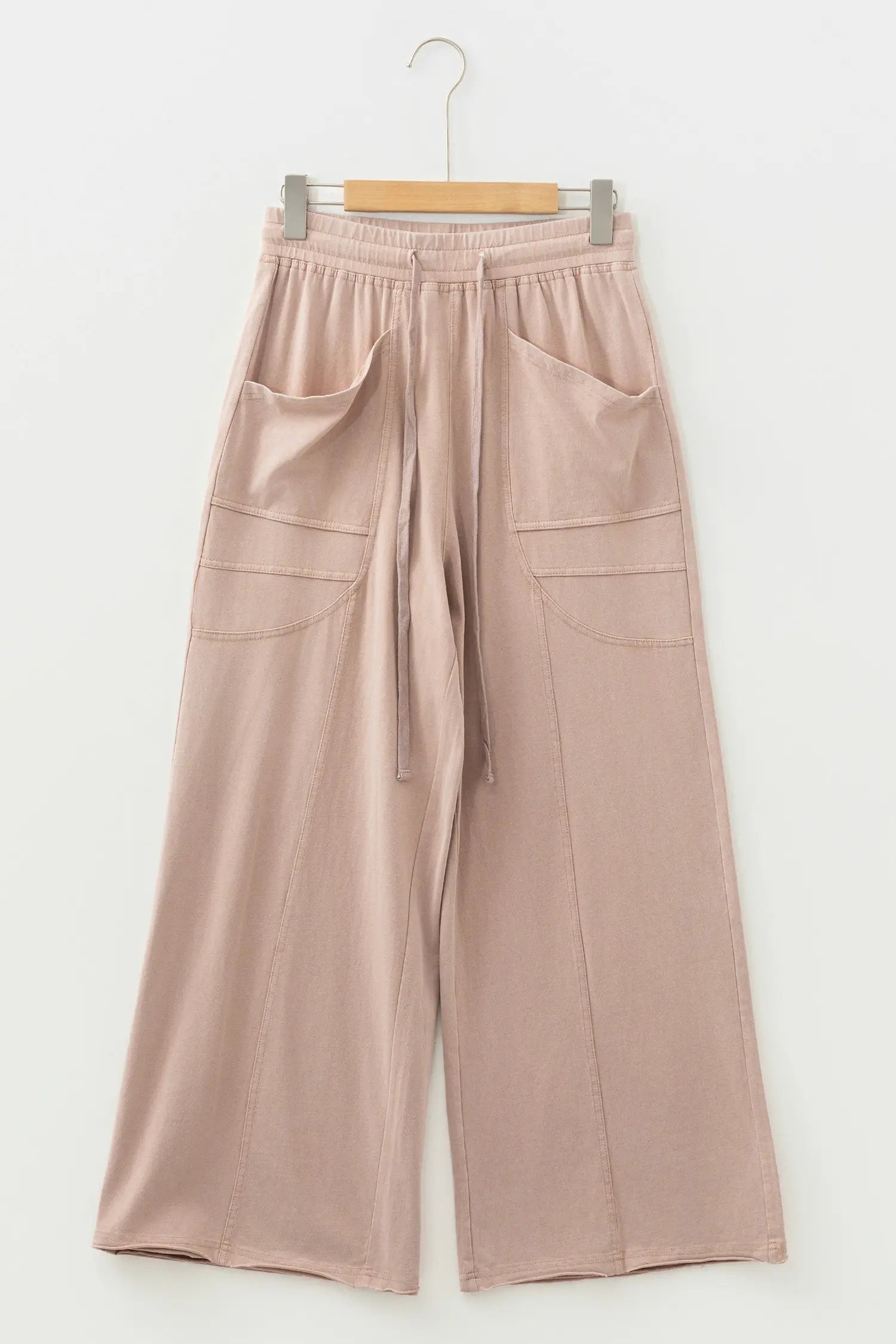 Smoke Gray Solid Color Mineral Wash Piping Trim Pocketed Wide Leg Pants