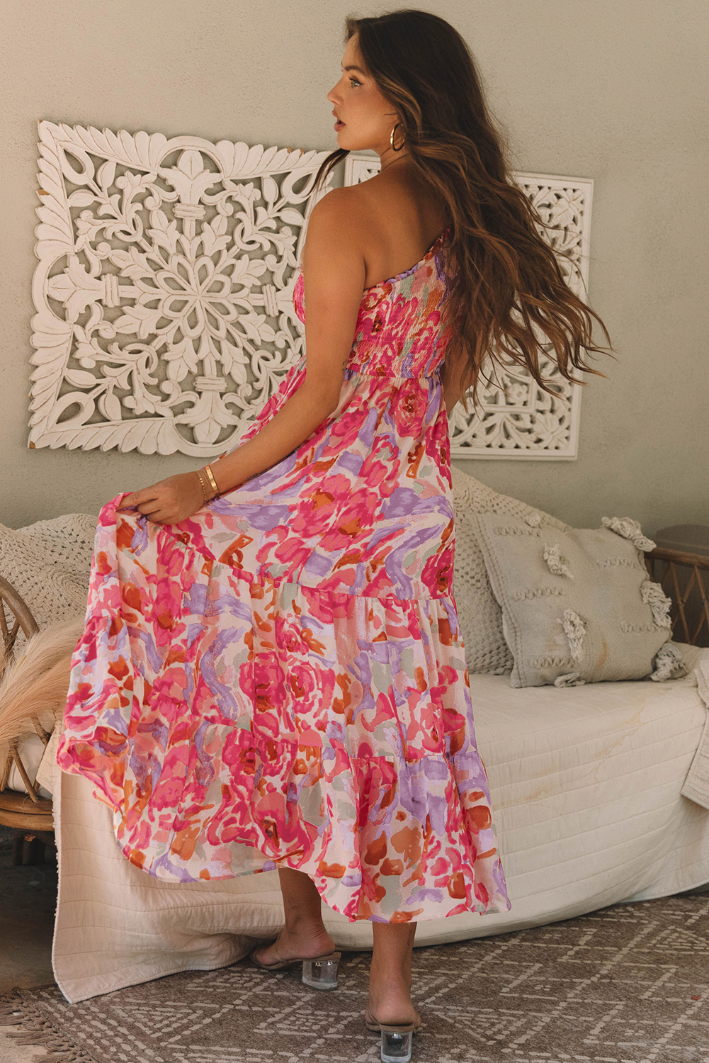 Pink Abstract Floral Print Shirred One Shoulder Maxi Dress eAura