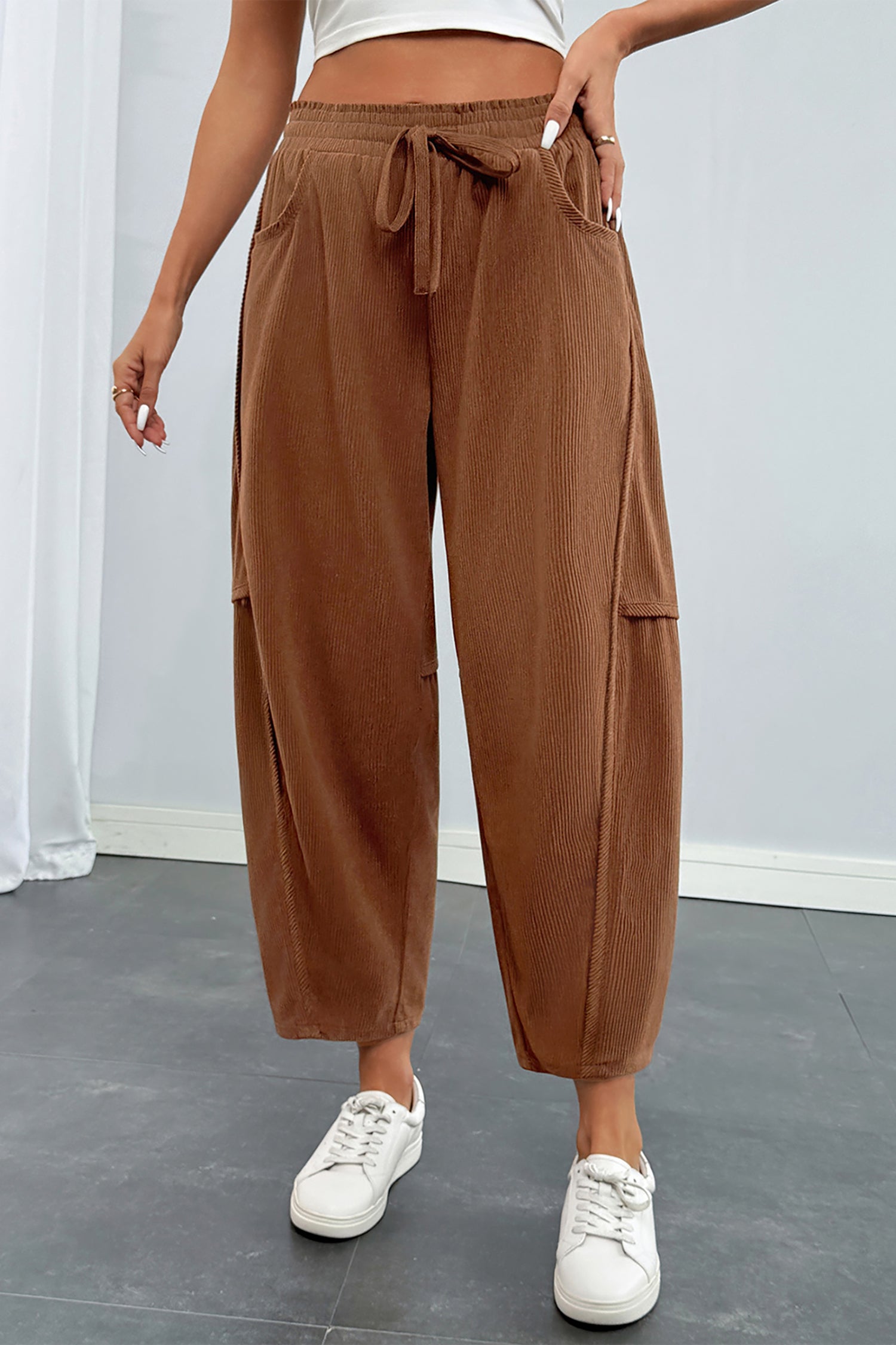 Coffee Corduroy Elastic Waist Drawstring Cargo Pants – Brown