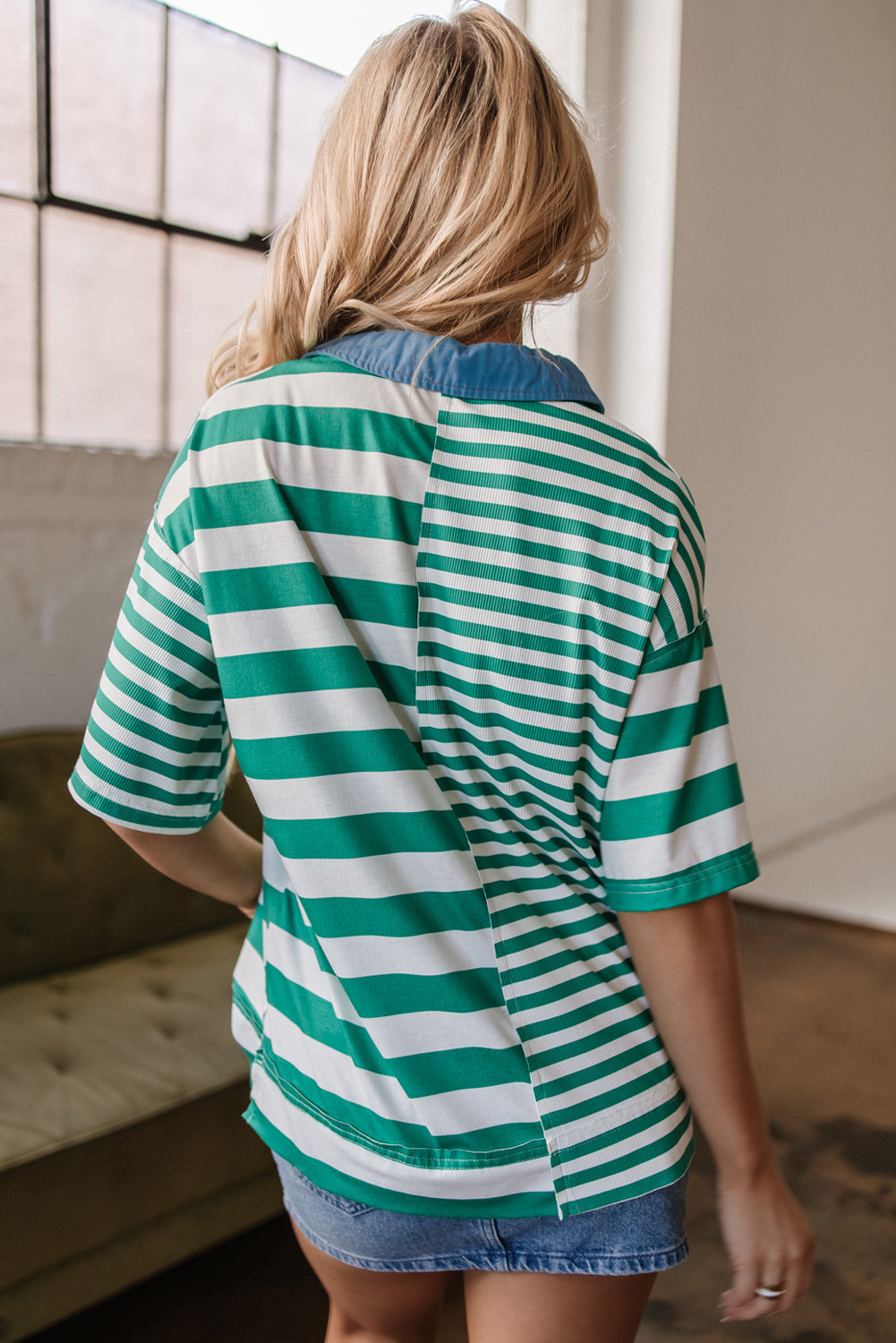Green Stripe Colourblock Collar Half Buttons T Shirt eAura