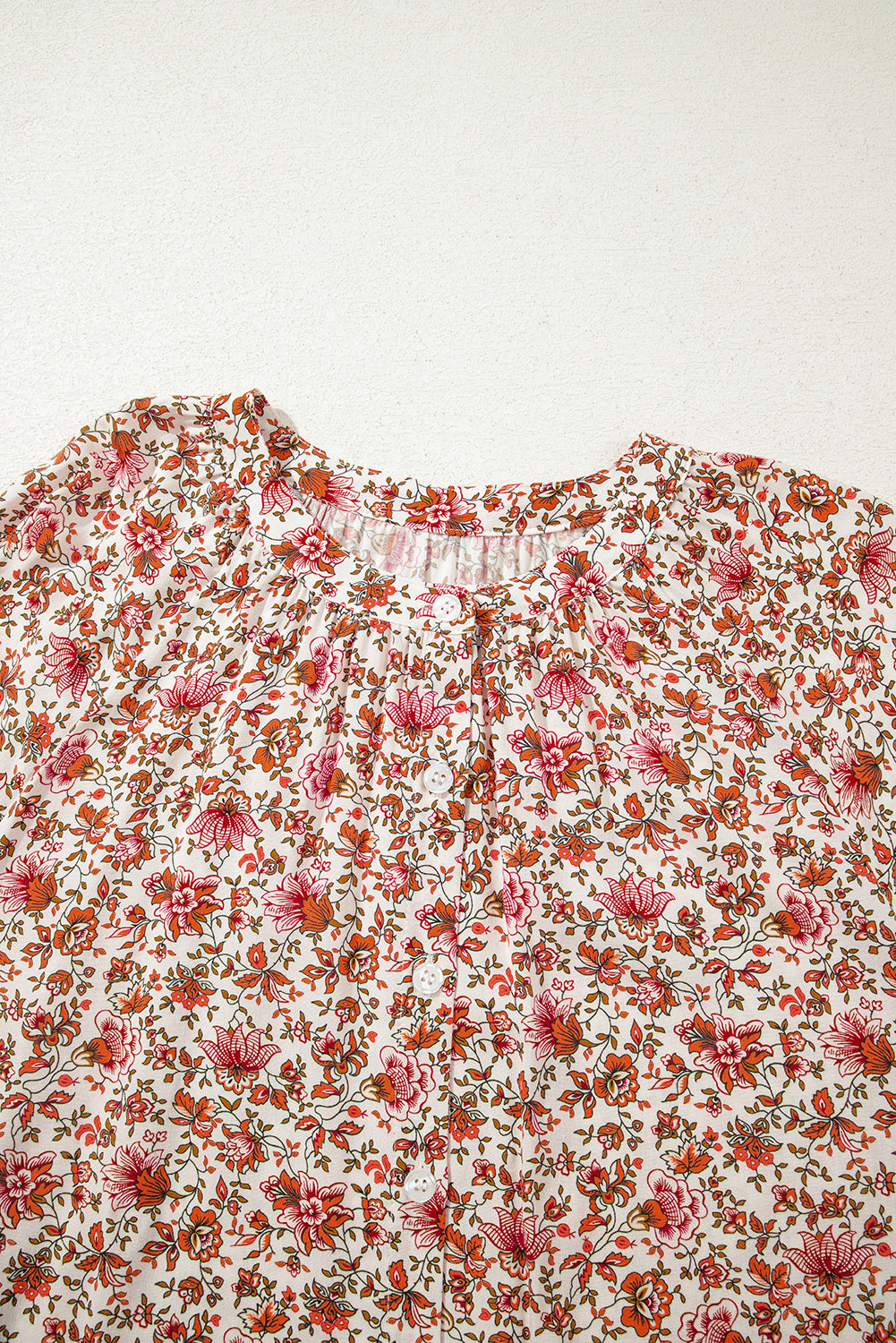 Red Floral Print Pleated Detail Notched Neck Puff Sleeve Blouse - eAura