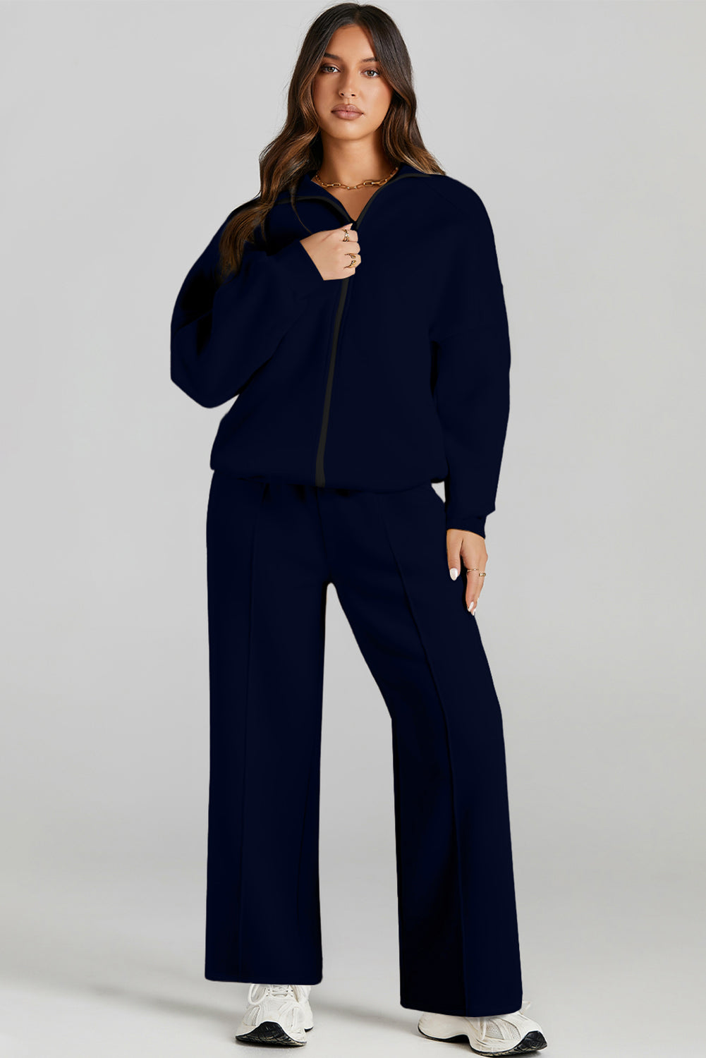 Drop Shoulder Zip Up Jacket Drawstring Joggers Co-ord Set - Navy / S - Activewear/Activewear Sets