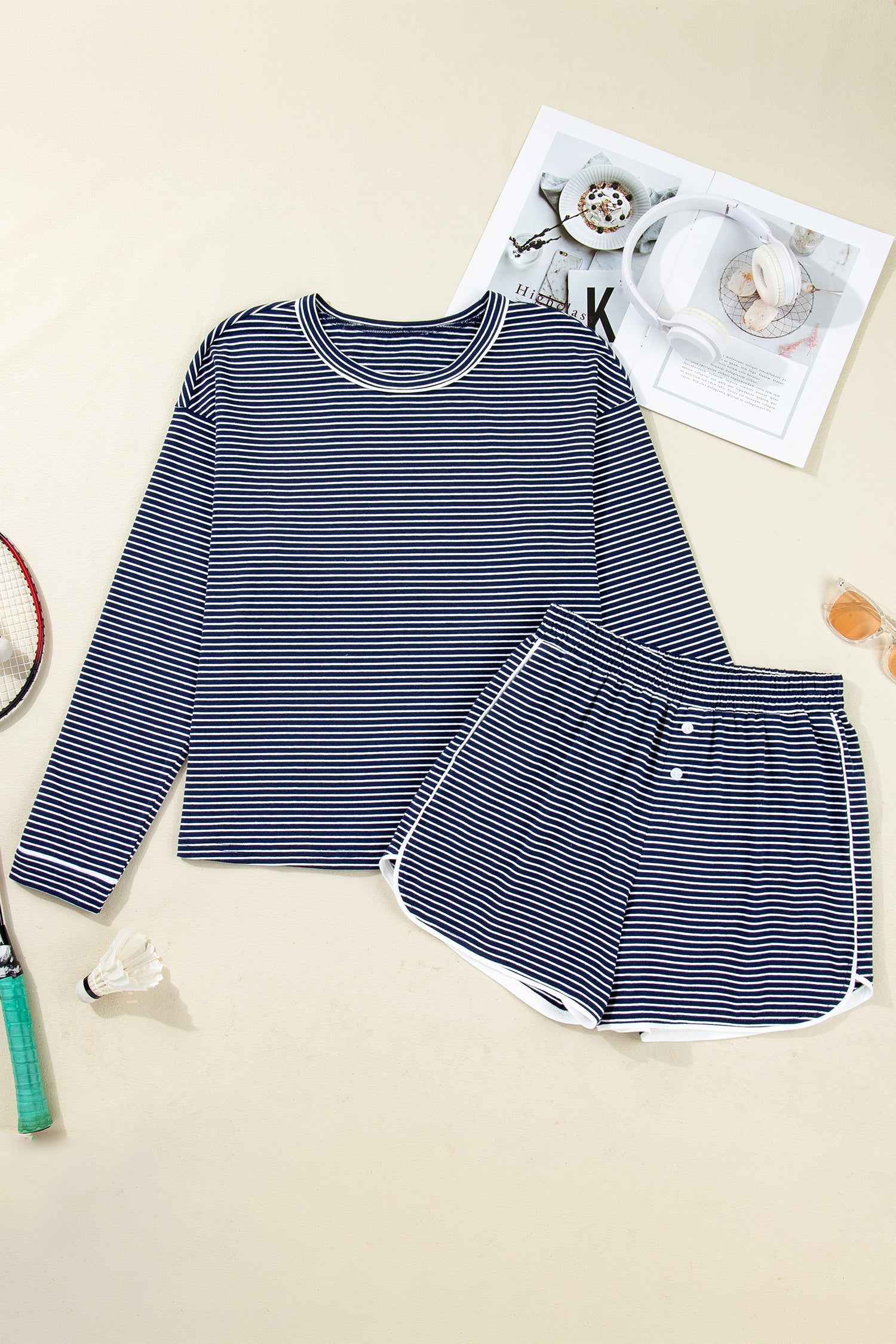 Stripe Drop Shoulder Long Sleeve Tee and Buttoned Shorts Pyjama Set - Loungewear & Sleepwear/Pyjama