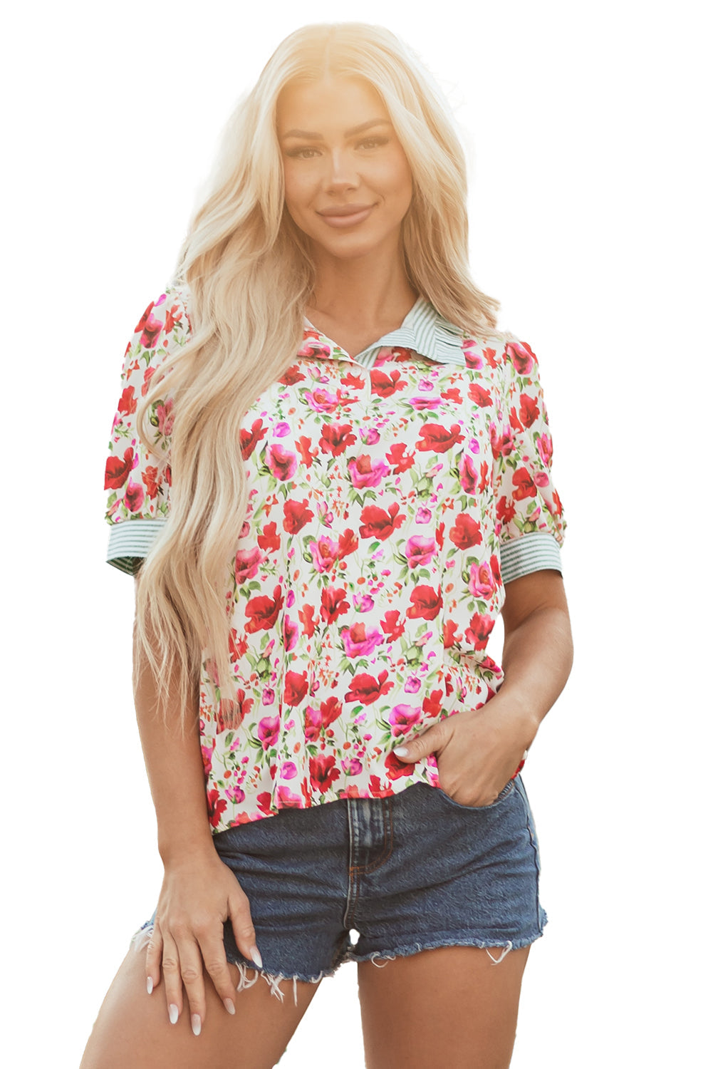 Red Floral Print Striped Patchwork Collared Short Sleeve Blouse eAura
