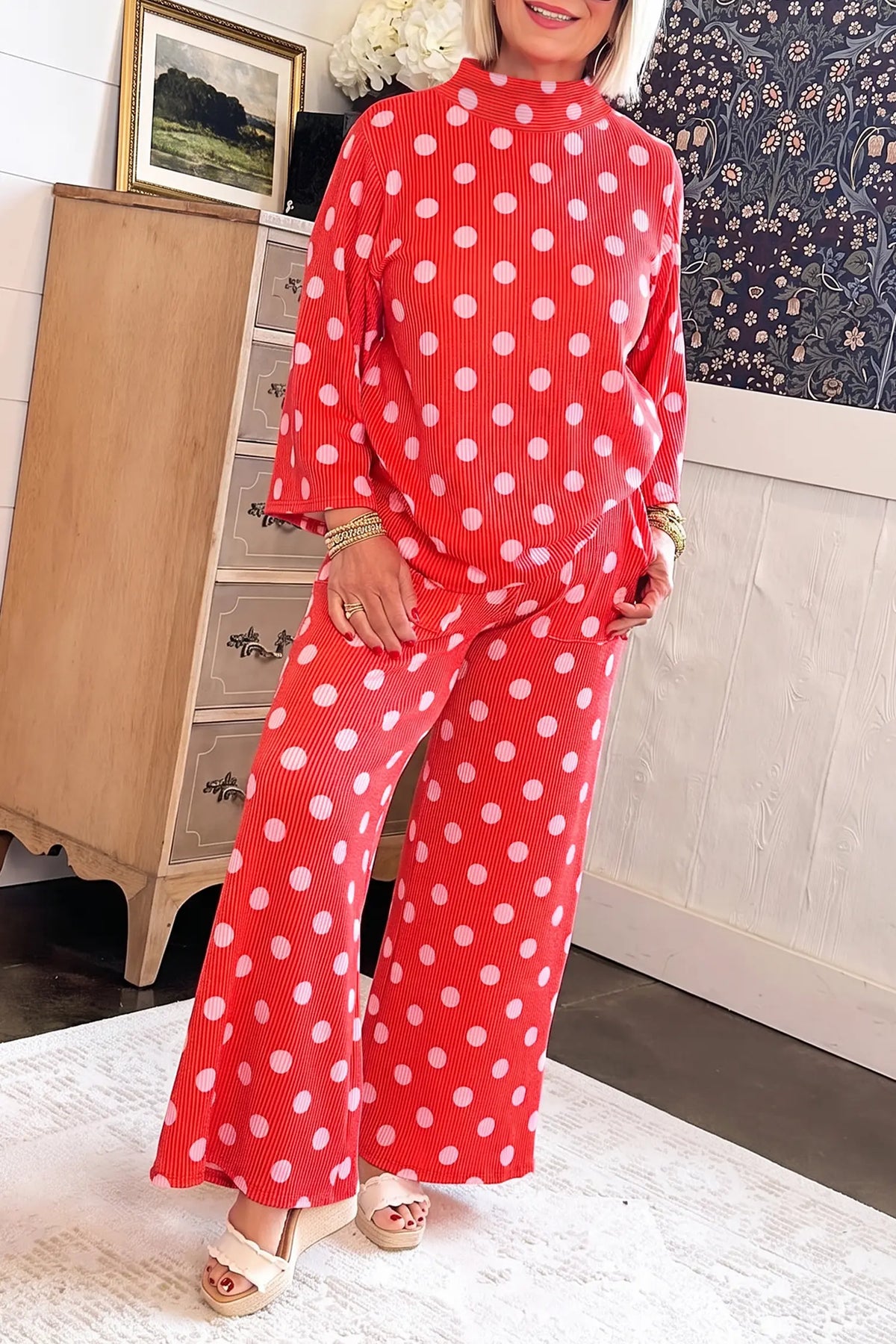 Red Polka Dot Ribbed Knit Mock Neck Pullover Two Piece Pants Set