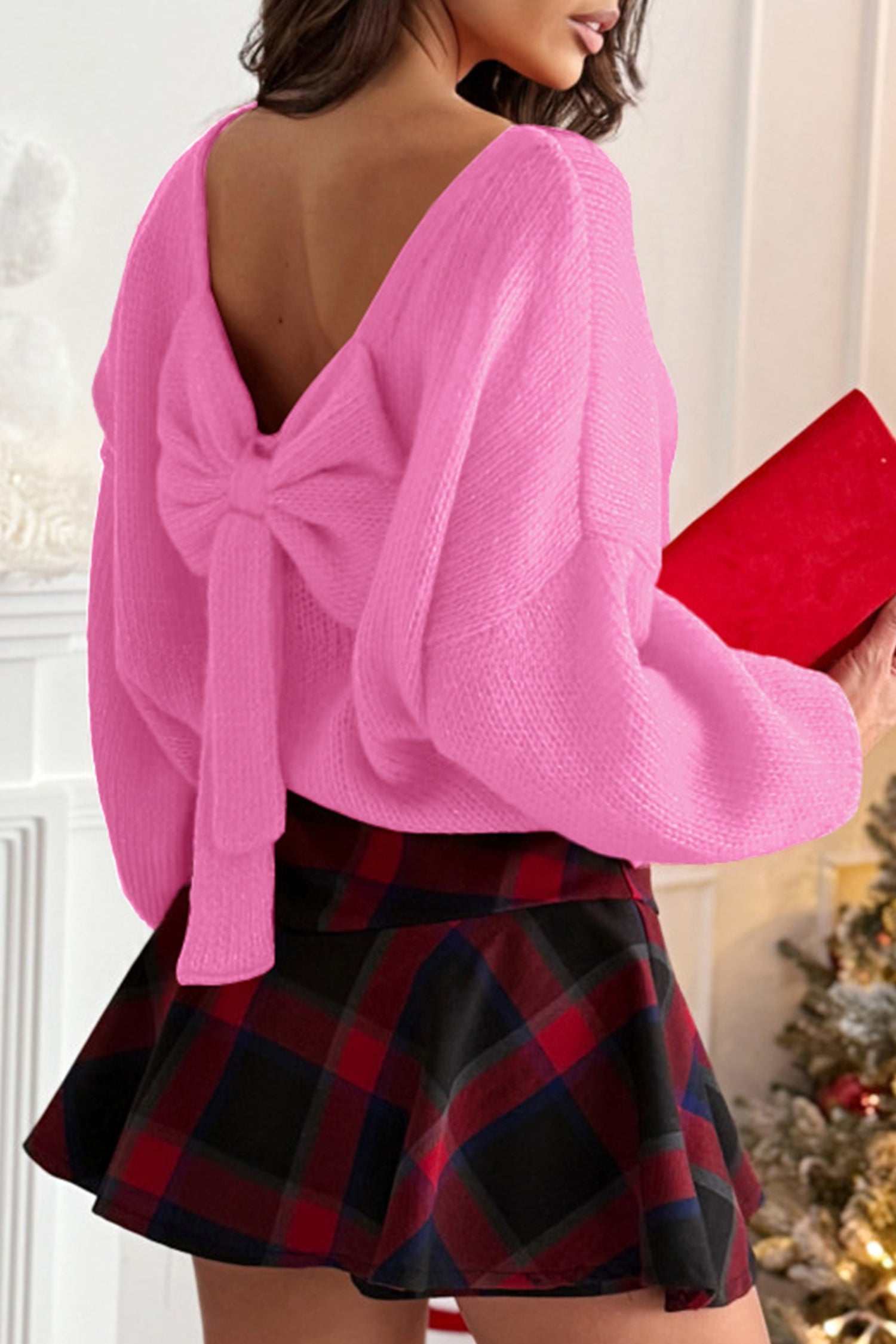 Bow Backless Bubble Sleeve Sweater - eAura
