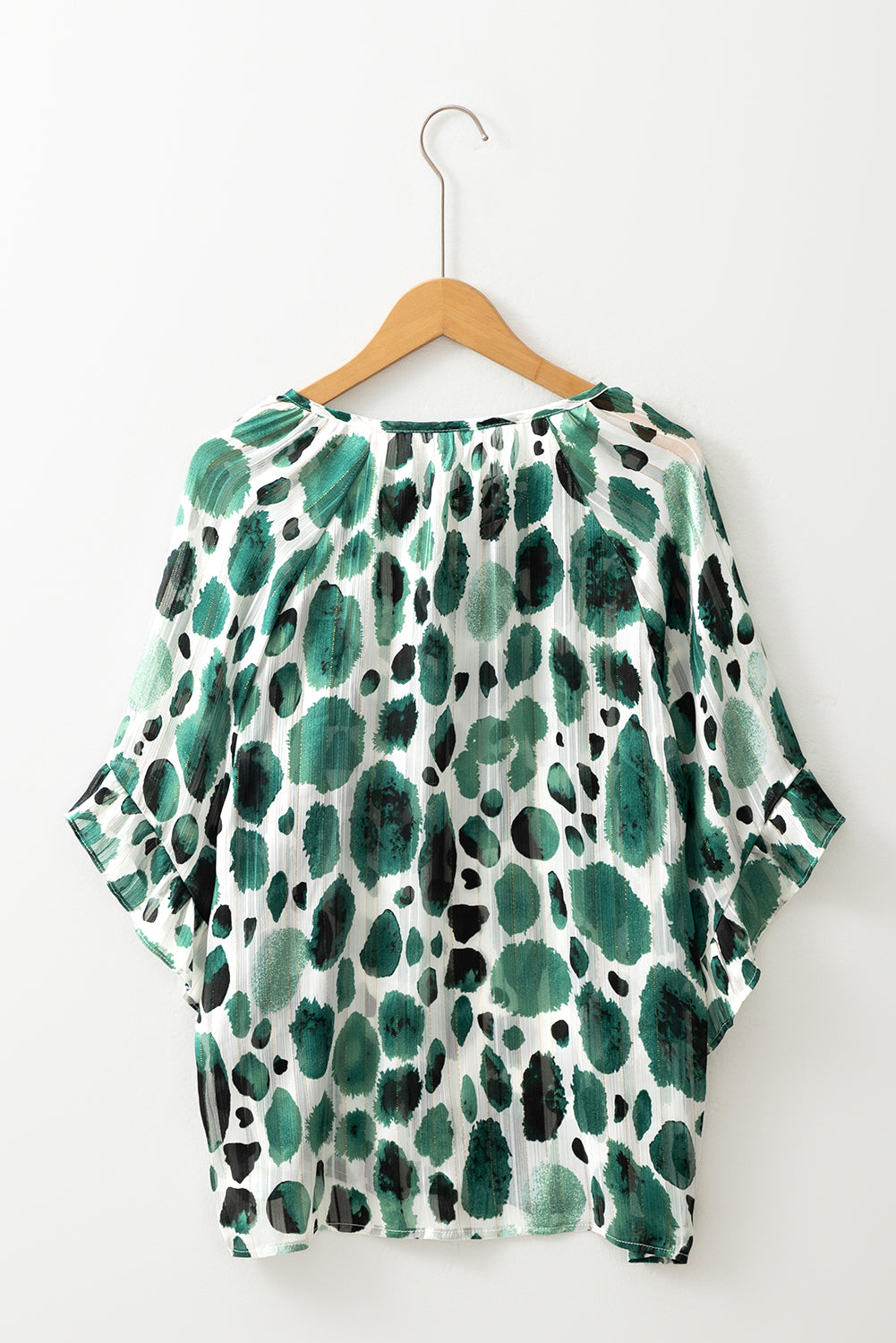 Green Metallic Threading Accents Pleated Abstract Printed Ruffled 3/4 Sleeve Blouse BB Fashion Outlet