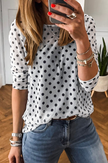 Polka Dot Sheer Mesh Long Sleeve Round Neck Shift Top – Black