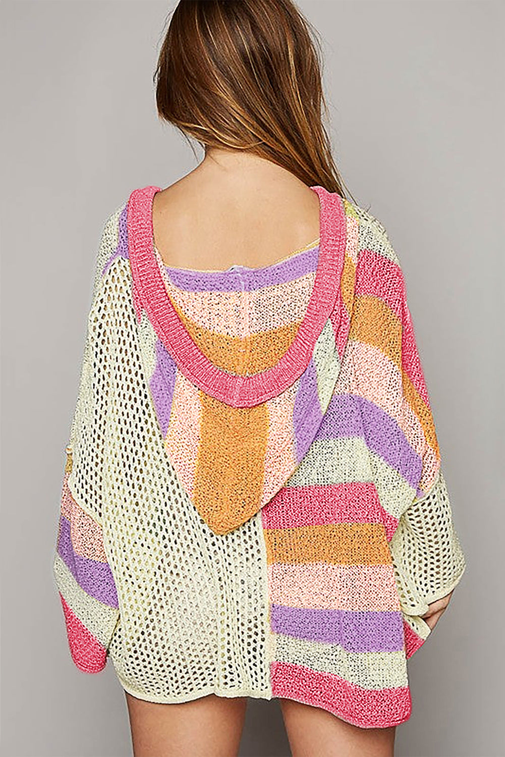 Beige Oversized Colourblock V Neck Hooded Sweater eAura