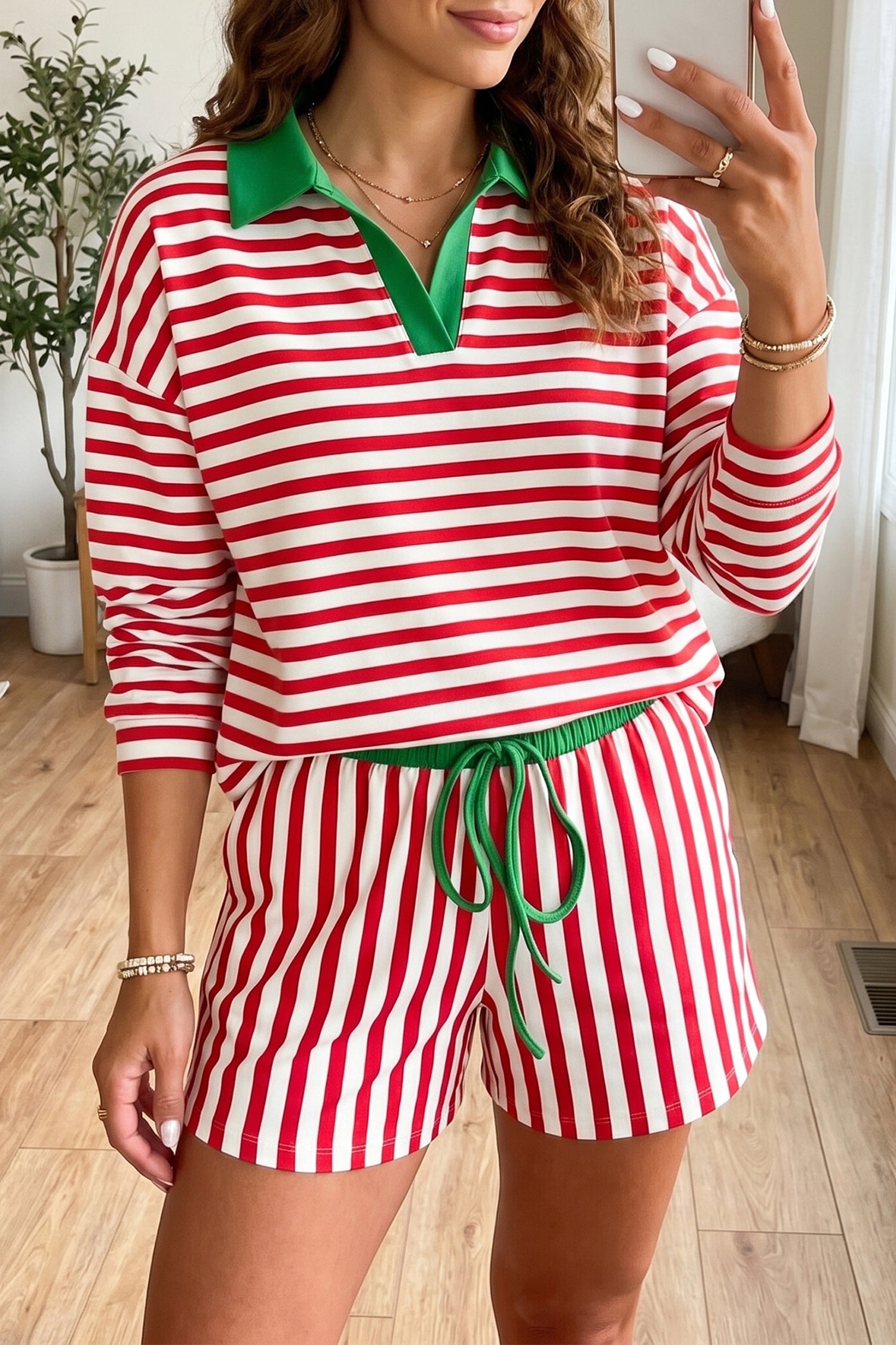 Colorblock Trim Polo Collar Drawstring Elastic Waist Band Casual 2pcs Outfit – Red Stripe