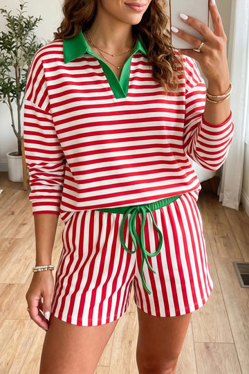 Colorblock Trim Polo Collar Drawstring Elastic Waist Band Casual 2pcs Outfit – Red Stripe