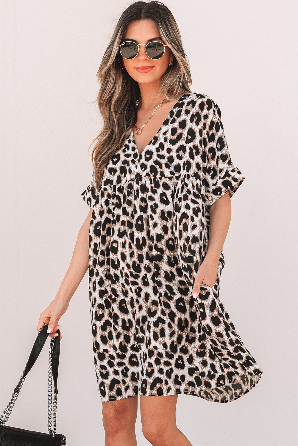 Khaki Cheetah Print Backless V Neck Loose Fit Mini Dress eAura