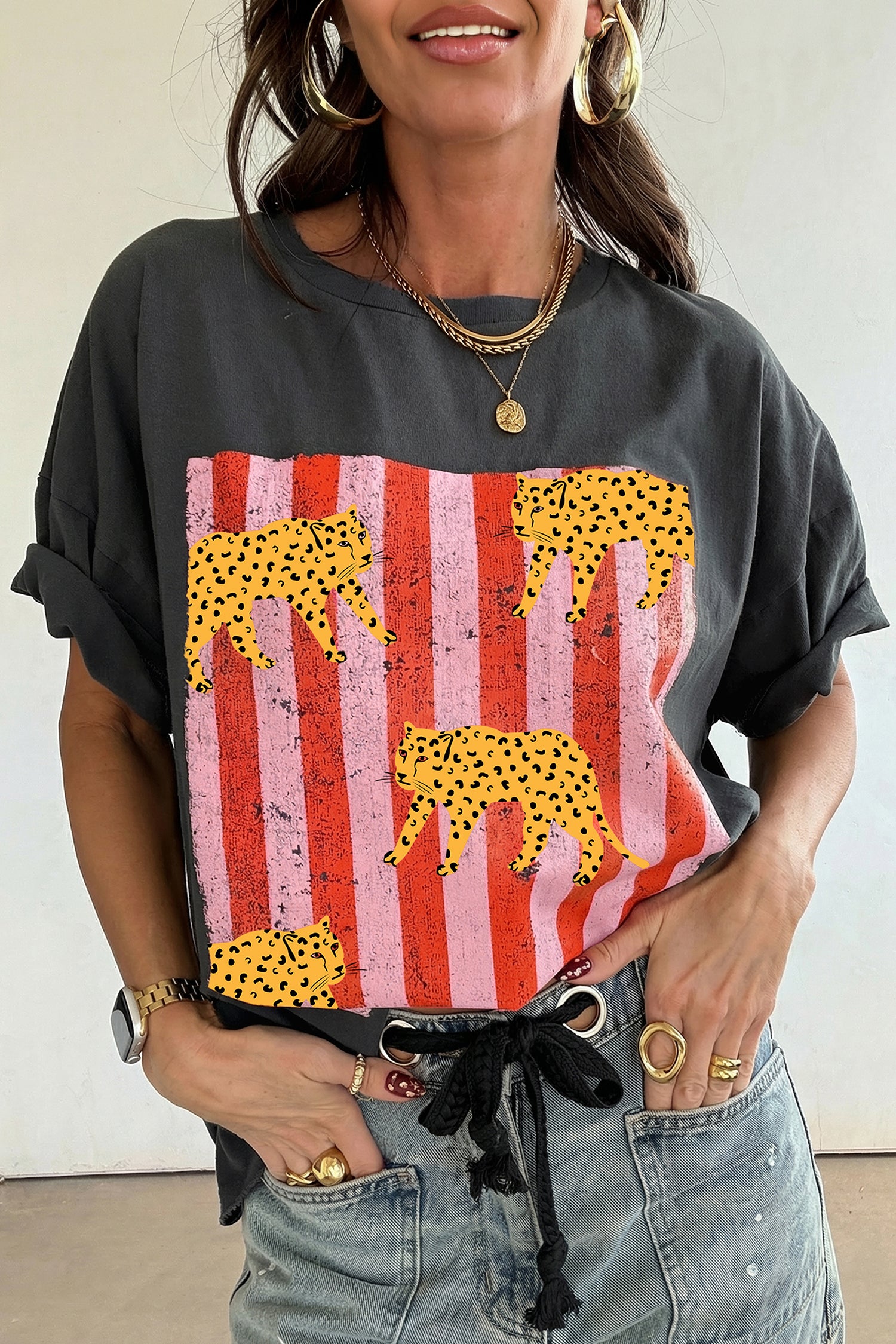 Cheetah Striped Print Retro Fashion Graphic Tee – Dark Grey