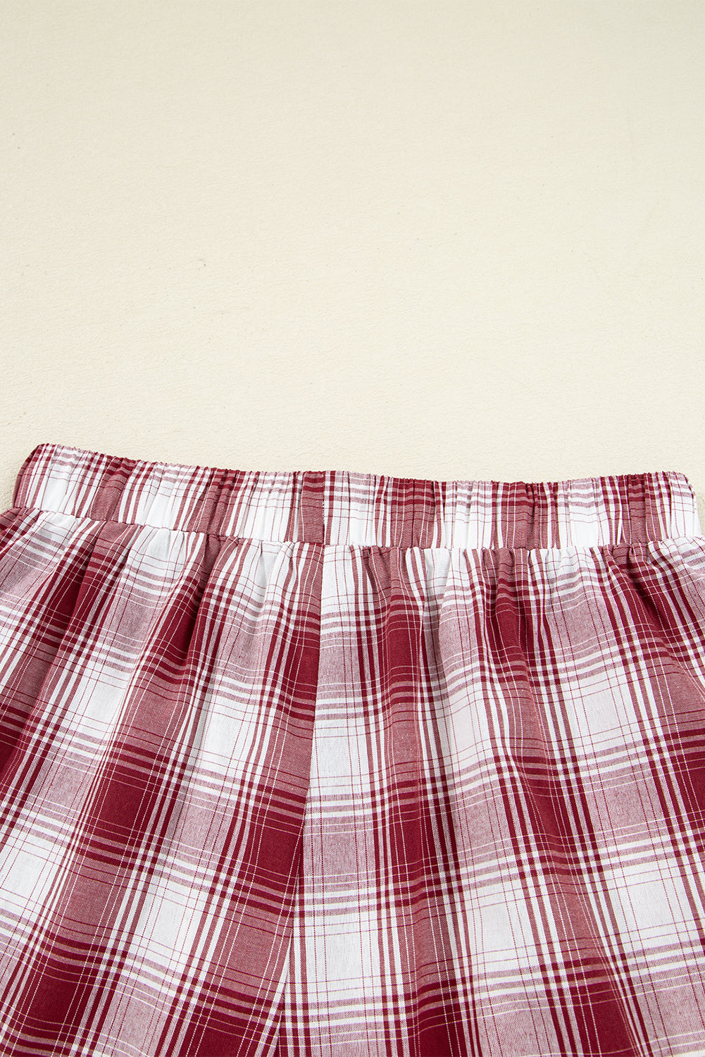 Red Retro Plaid Long Sleeve Shirt Drawstring Shorts Pyjama Set - eAura