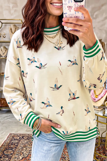 Duck Print Striped Trim Cuffs Round Neck Casual Sweatshirt – Beige