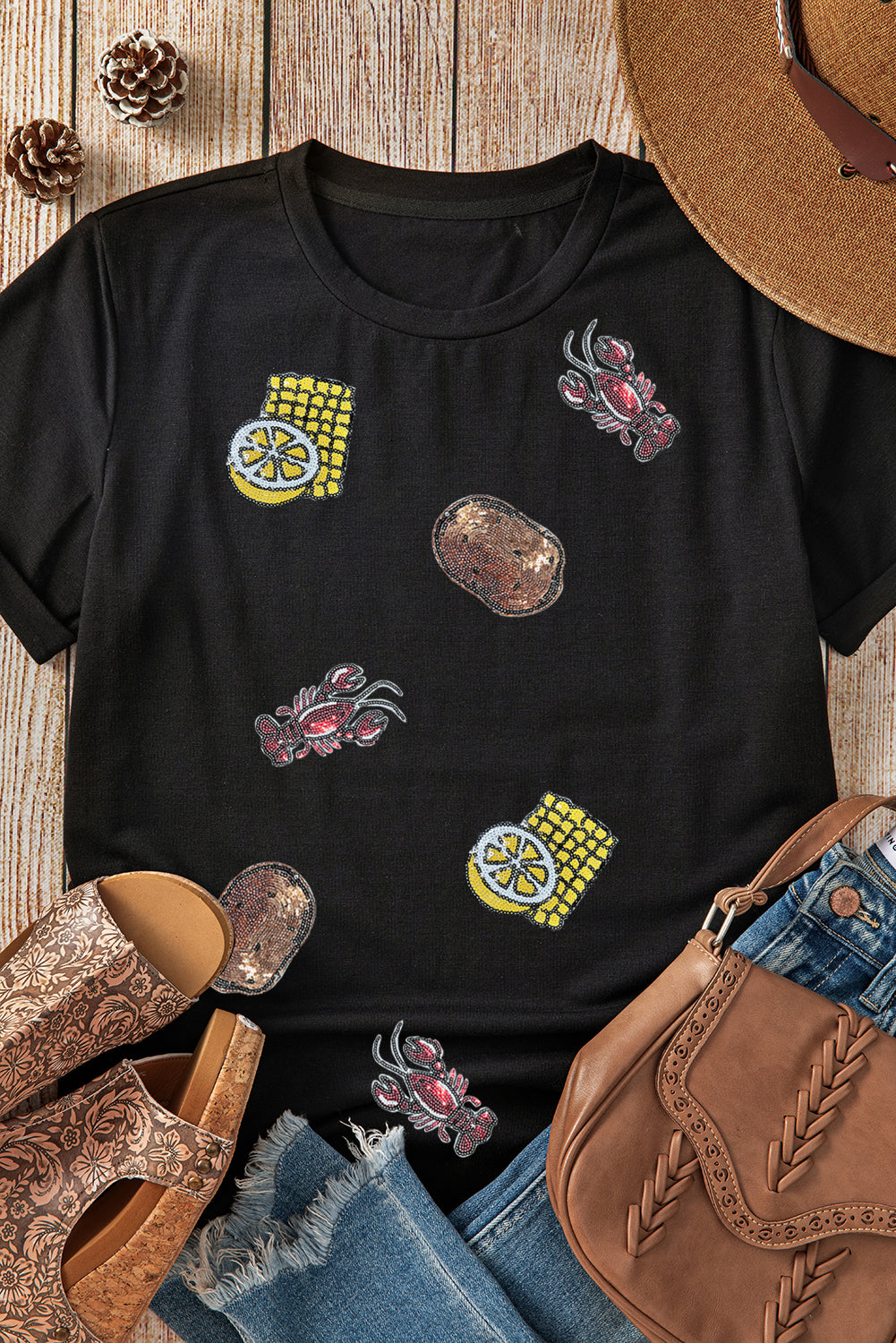 White Sequin Crawfish Potato Lemon Corn Graphic Crewneck T Shirt eAura