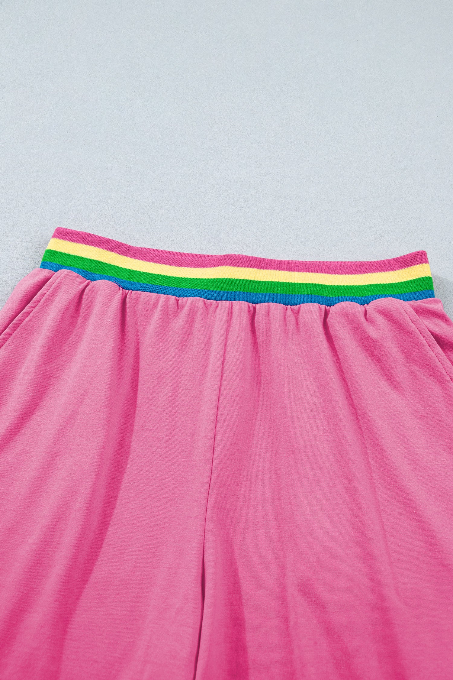 Seam Detail Raw Edge Tee Rainbow Waistband Casual Short Set