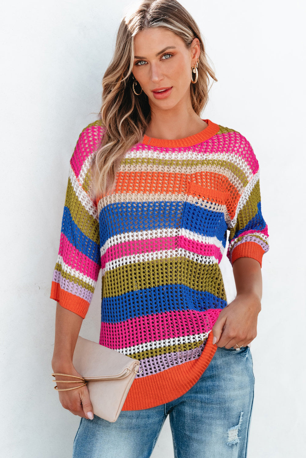 Pink Stripe Colourblock Hollowed Crochet 3/4 Sleeve Sweater eAura