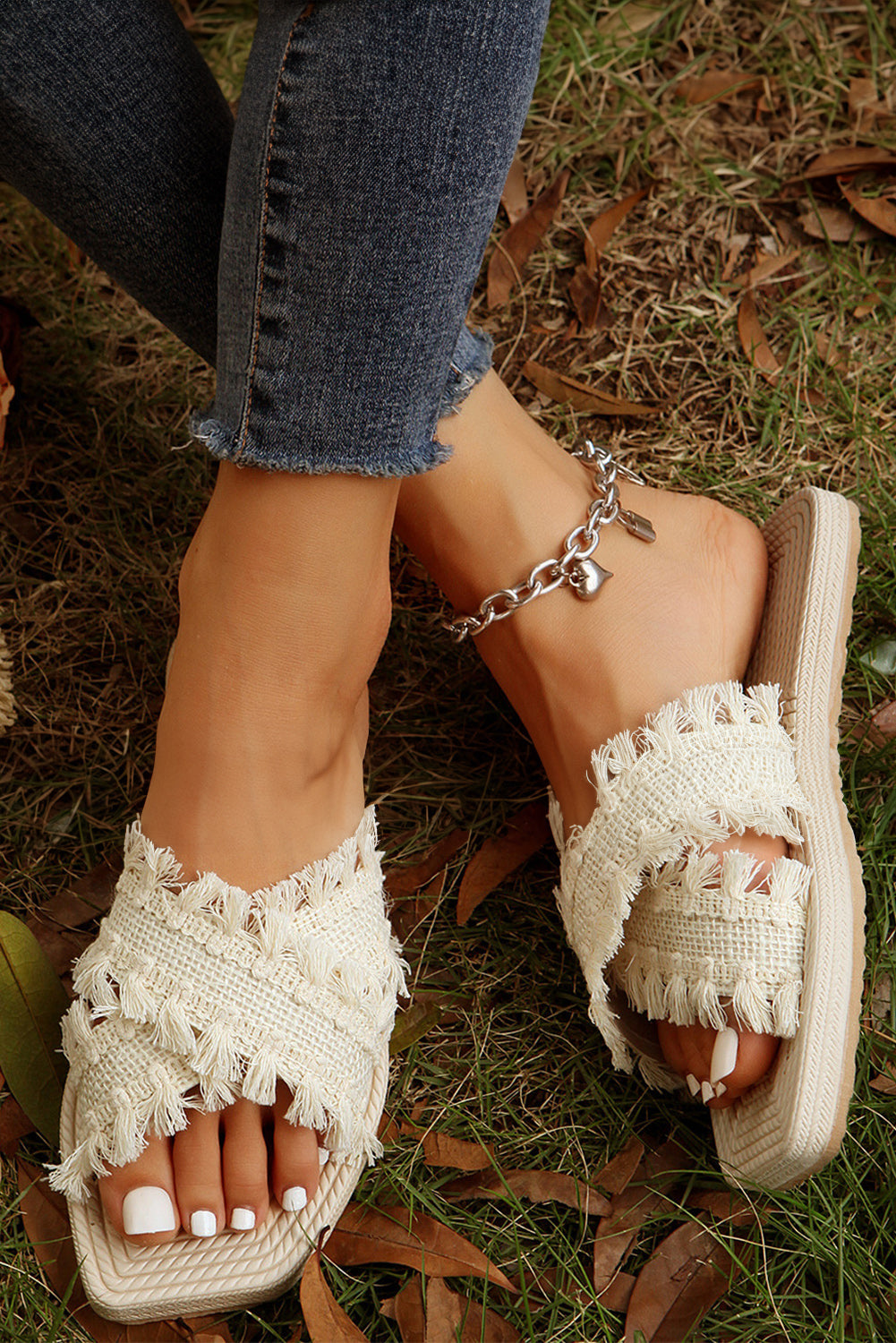 Beige Tassel Woven Crossed Straps Flat Sandals BB Fashion Outlet