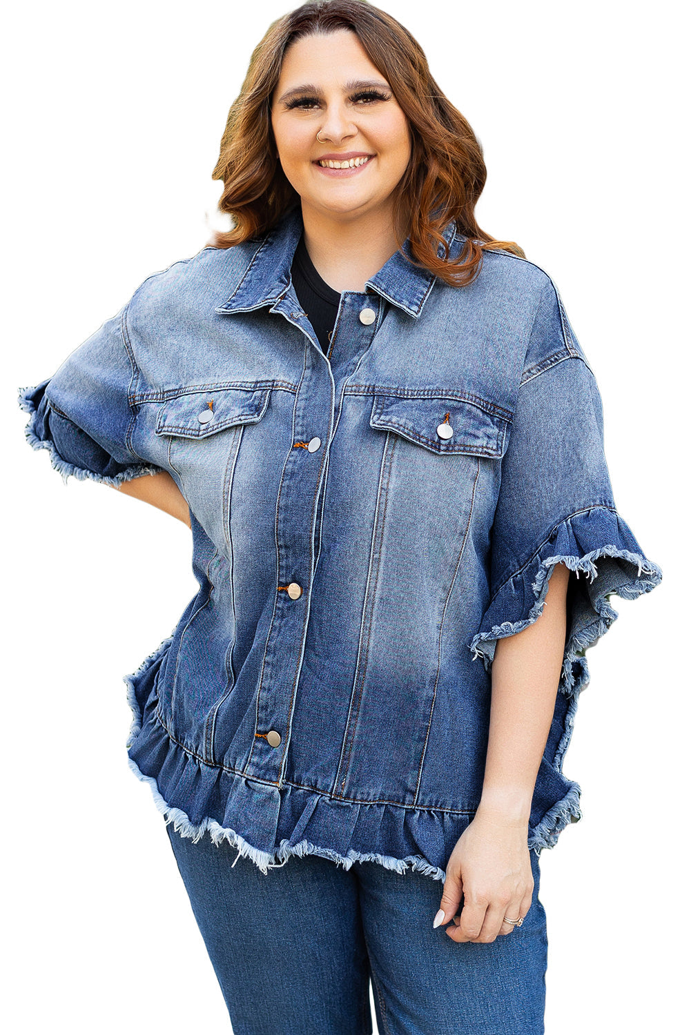 Peacock Blue Ruffled Frayed Short Sleeve Plus Size Denim Jacket Beagle Boutique Fashion Outlet