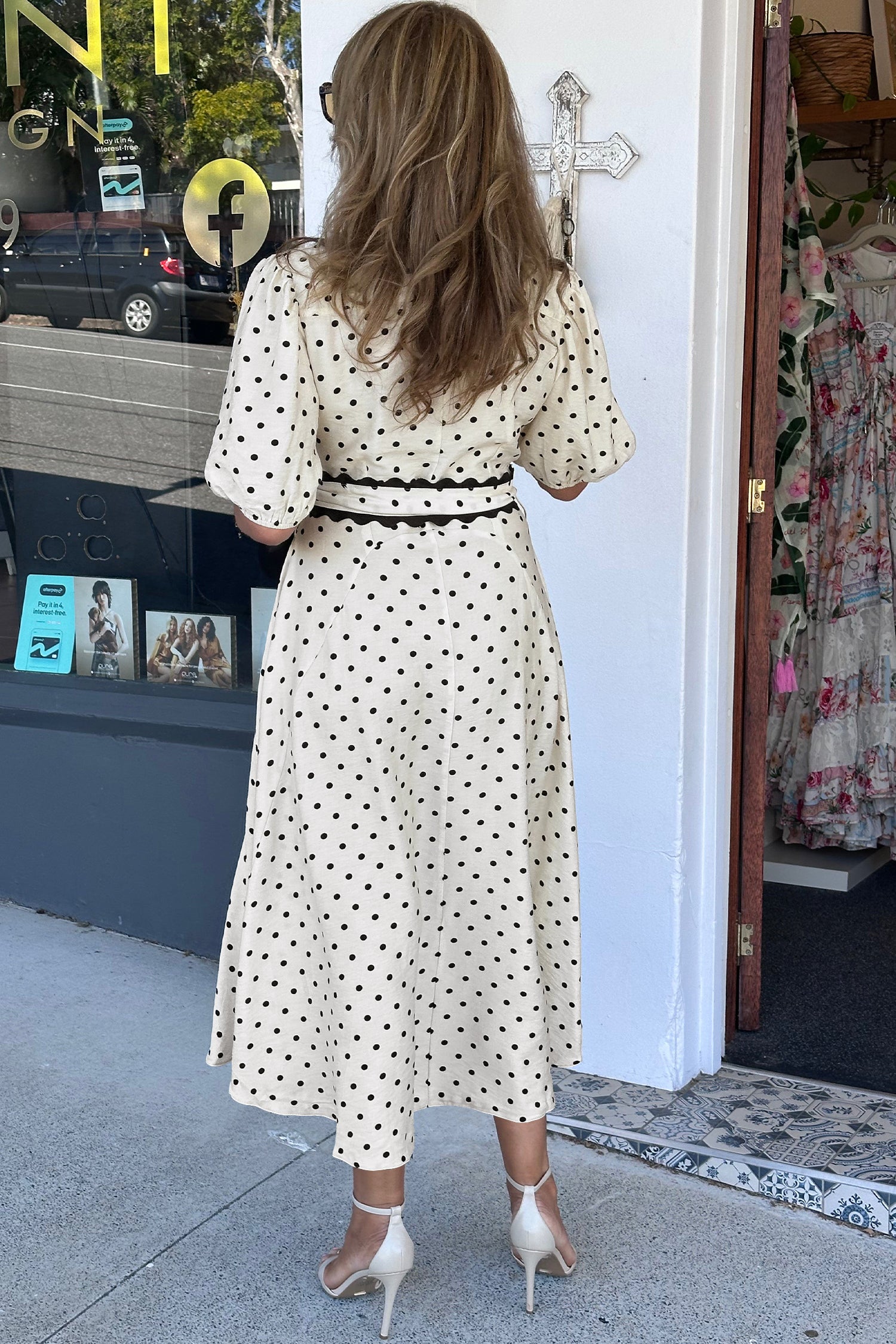Polka Dot Printed Contrast Scalloped Trim Shirt Collar Button Down Belted Midi Dress