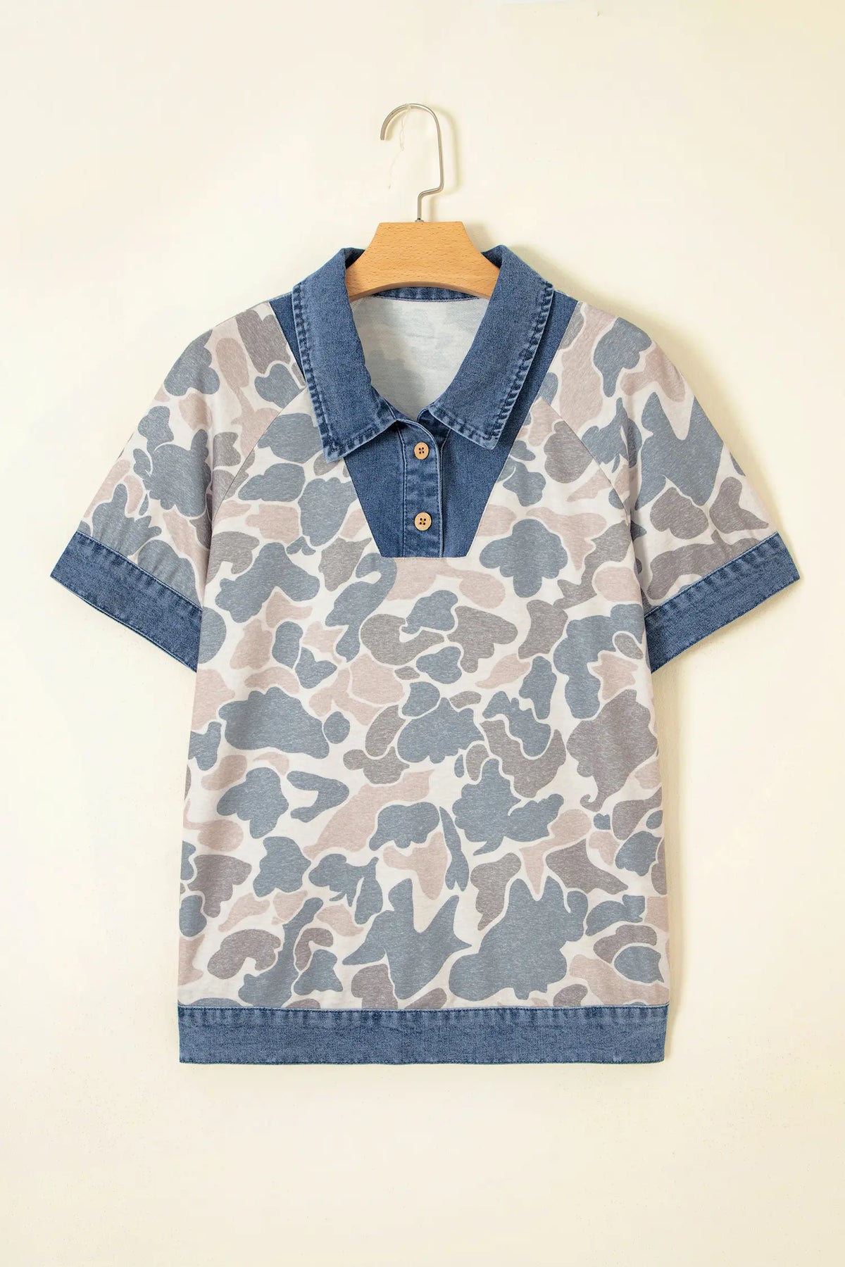 Camouflage Print Denim Patchwork Polo Collar Tee – Multicolour