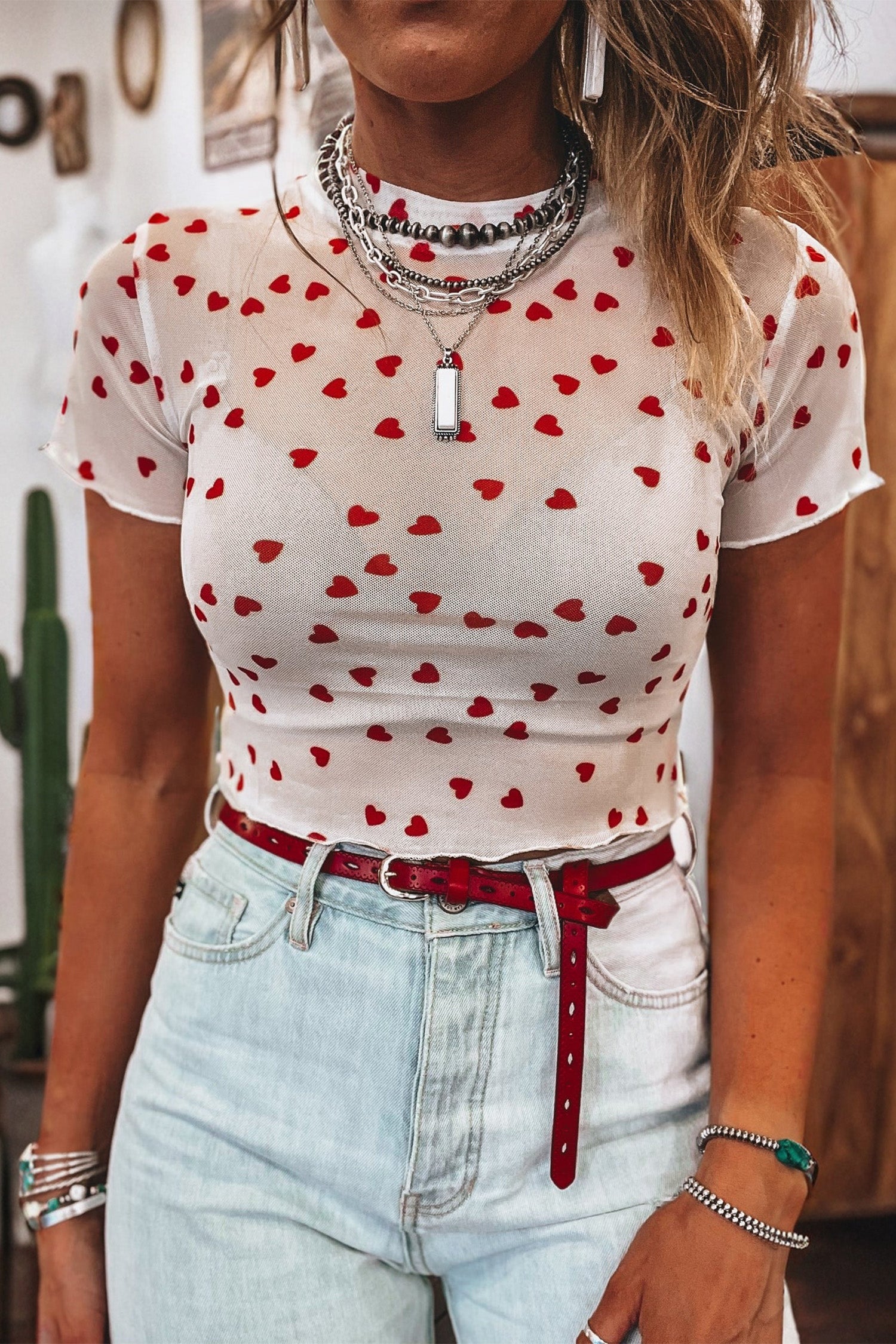 Heart Print Mesh Short Sleeve Cropped Top - White / L - Tops/Tops & Tees