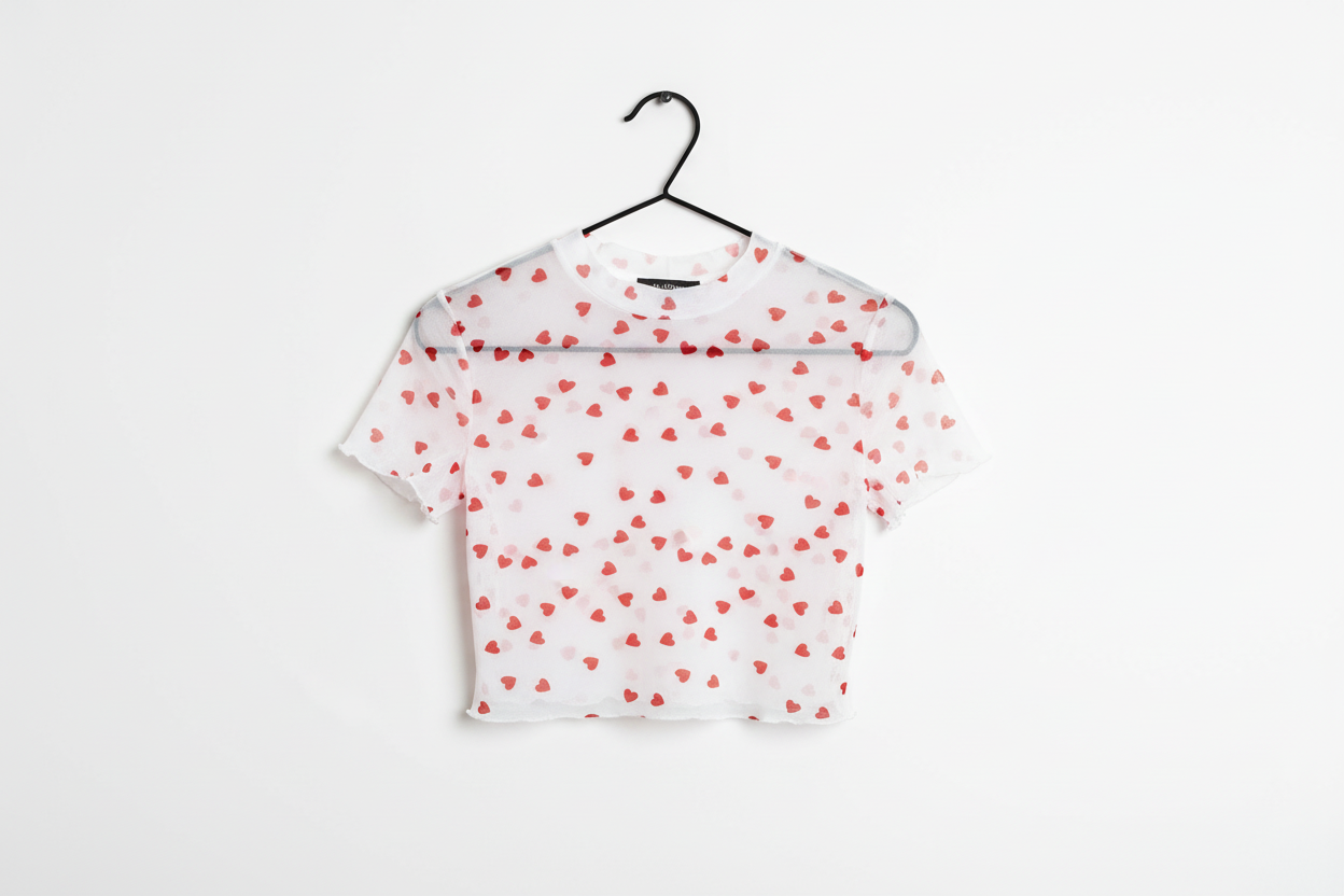 Heart Print Mesh Short Sleeve Cropped Top - Tops/Tops & Tees
