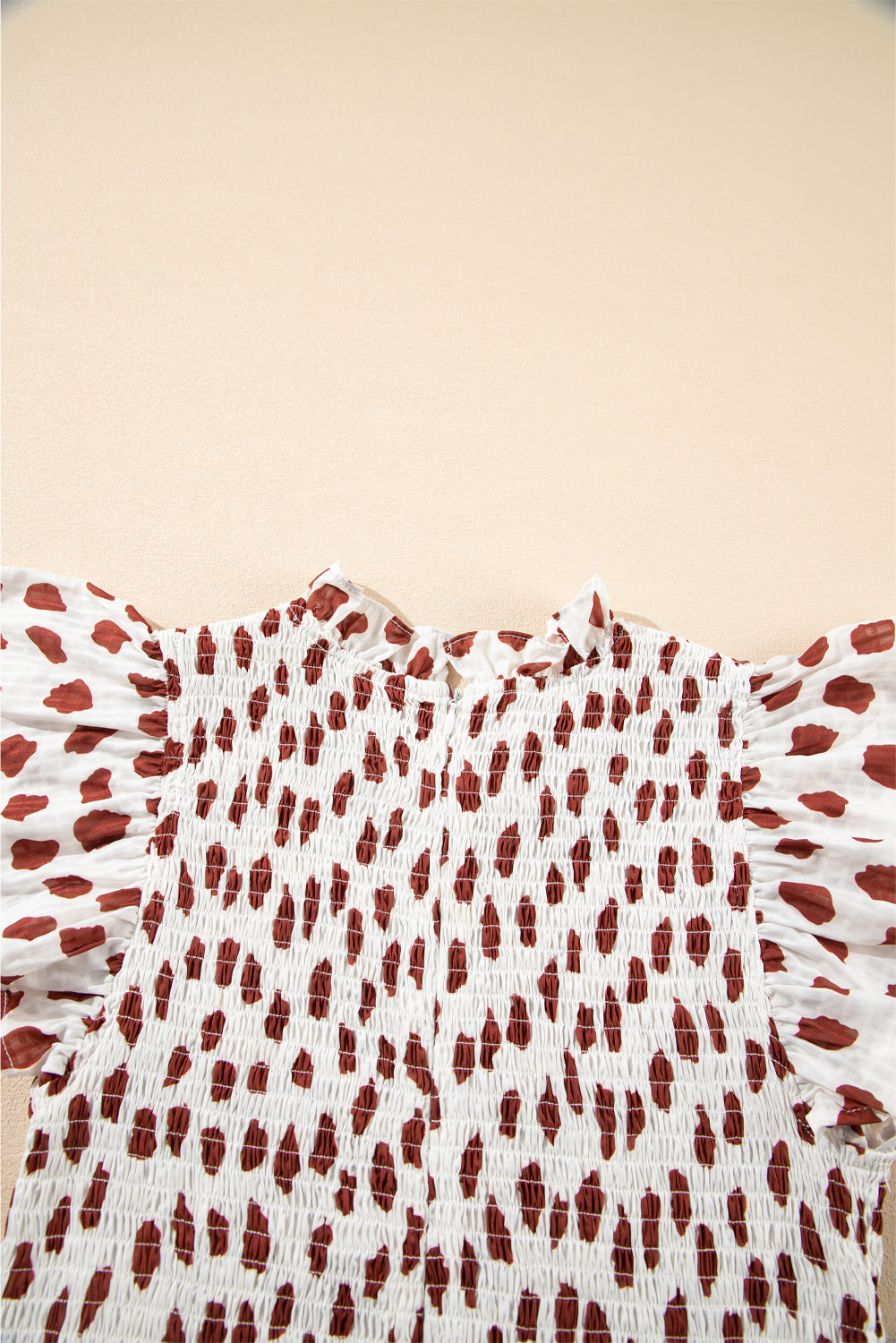 Brown Abstract Printed Flutter Sleeve Smocked Bodice Short Dress eAura