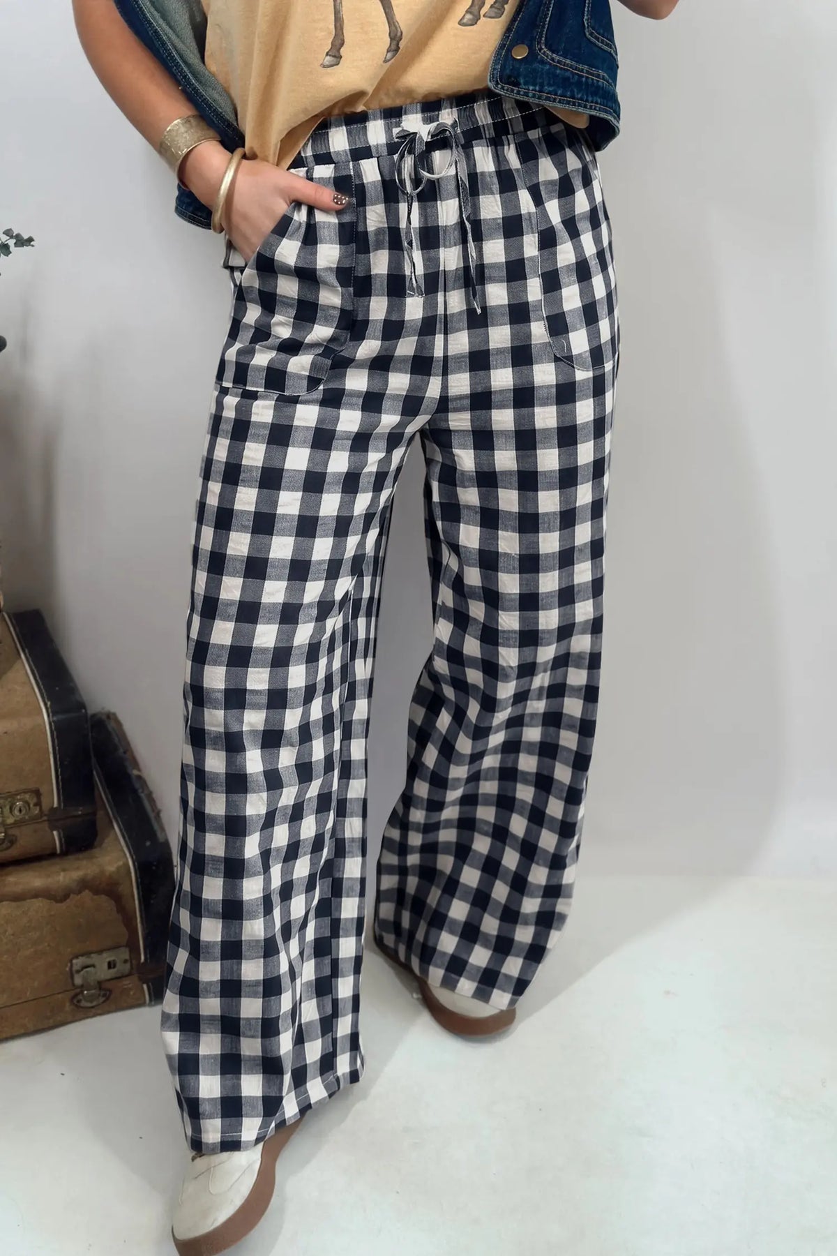 Tie Elastic Waist Shift Pants — Gingham Plaid