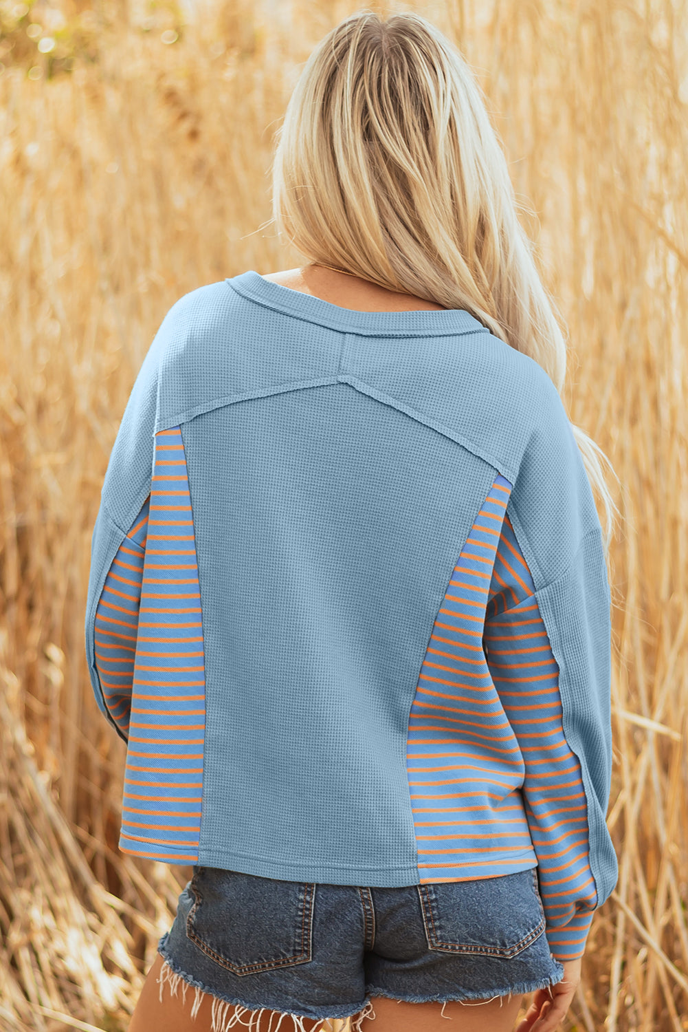 Exposed Seam Waffle Striped Patchwork Baggy Pullover - eAura
