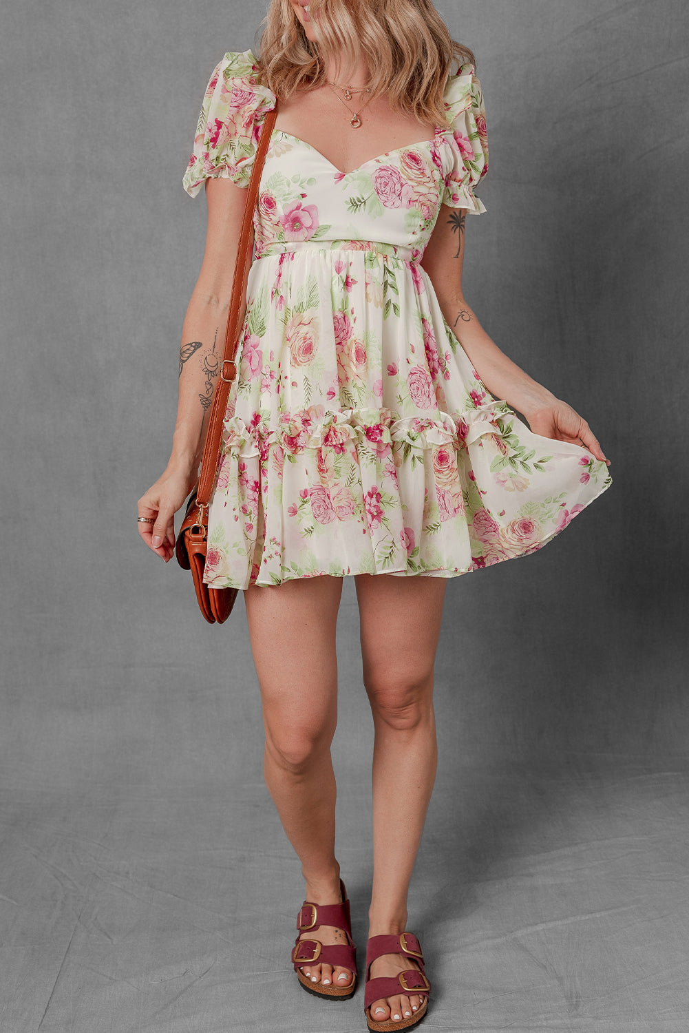 White Vibrant Floral Bubble Sleeve Sweetheart Neck Ruffle Mini Dress eAura