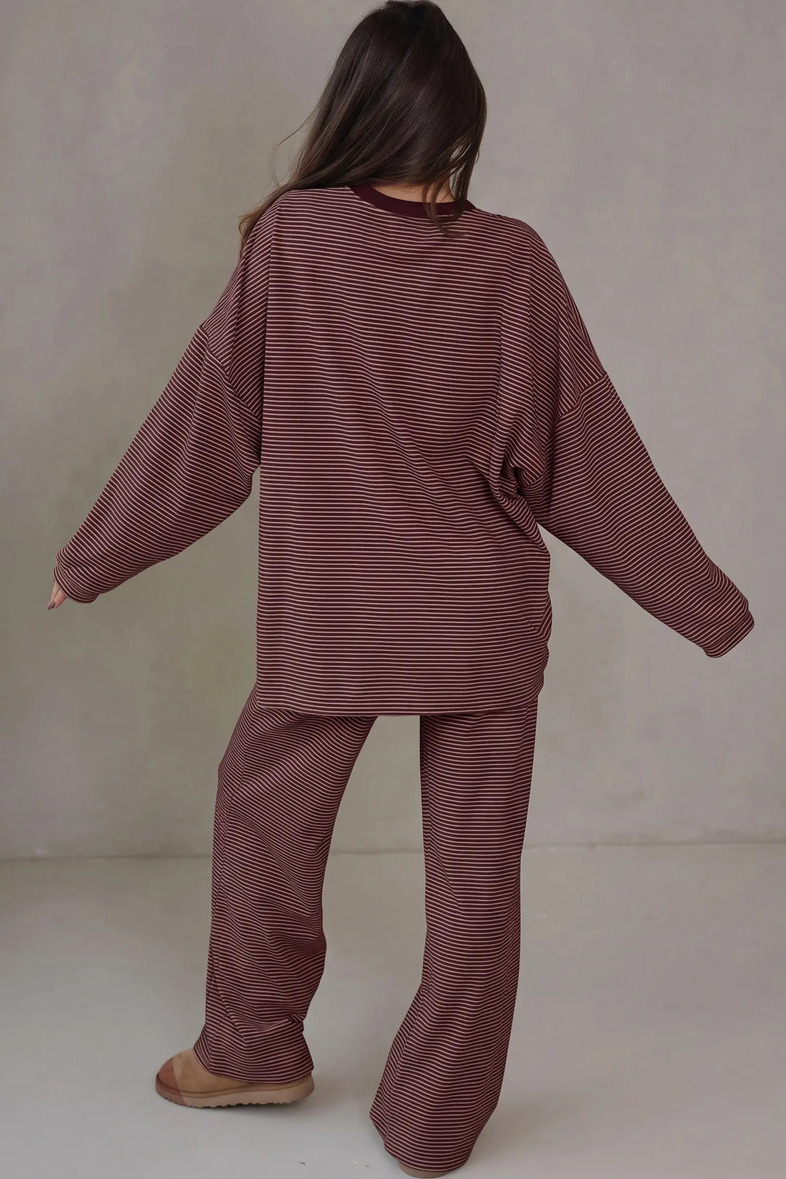 Contrast Trim Round Neck Oversize Long Sleeve Top 2pcs Pant Set