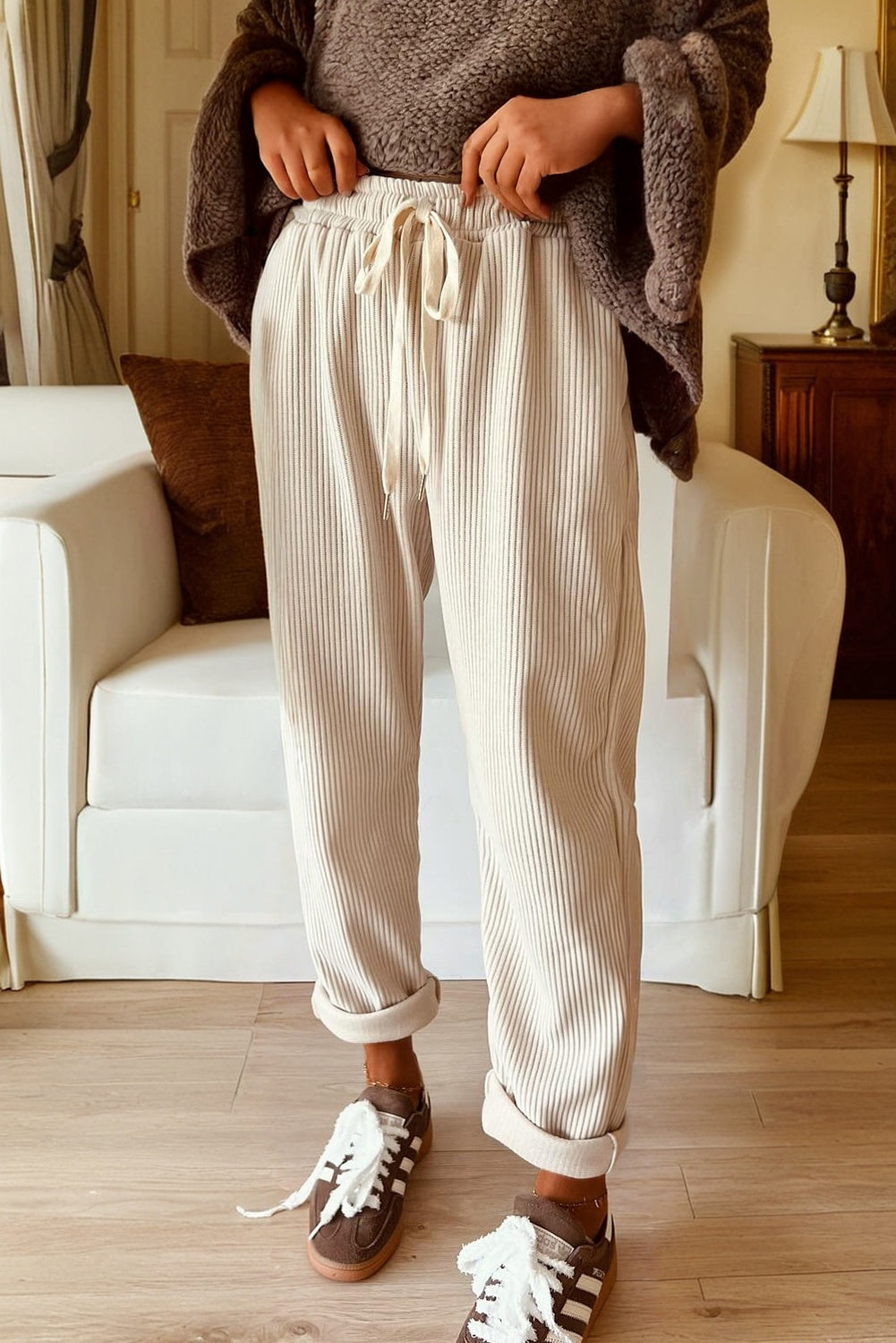 Drawstring Elastic Waist Casual Soft Corduroy Pants - eAura